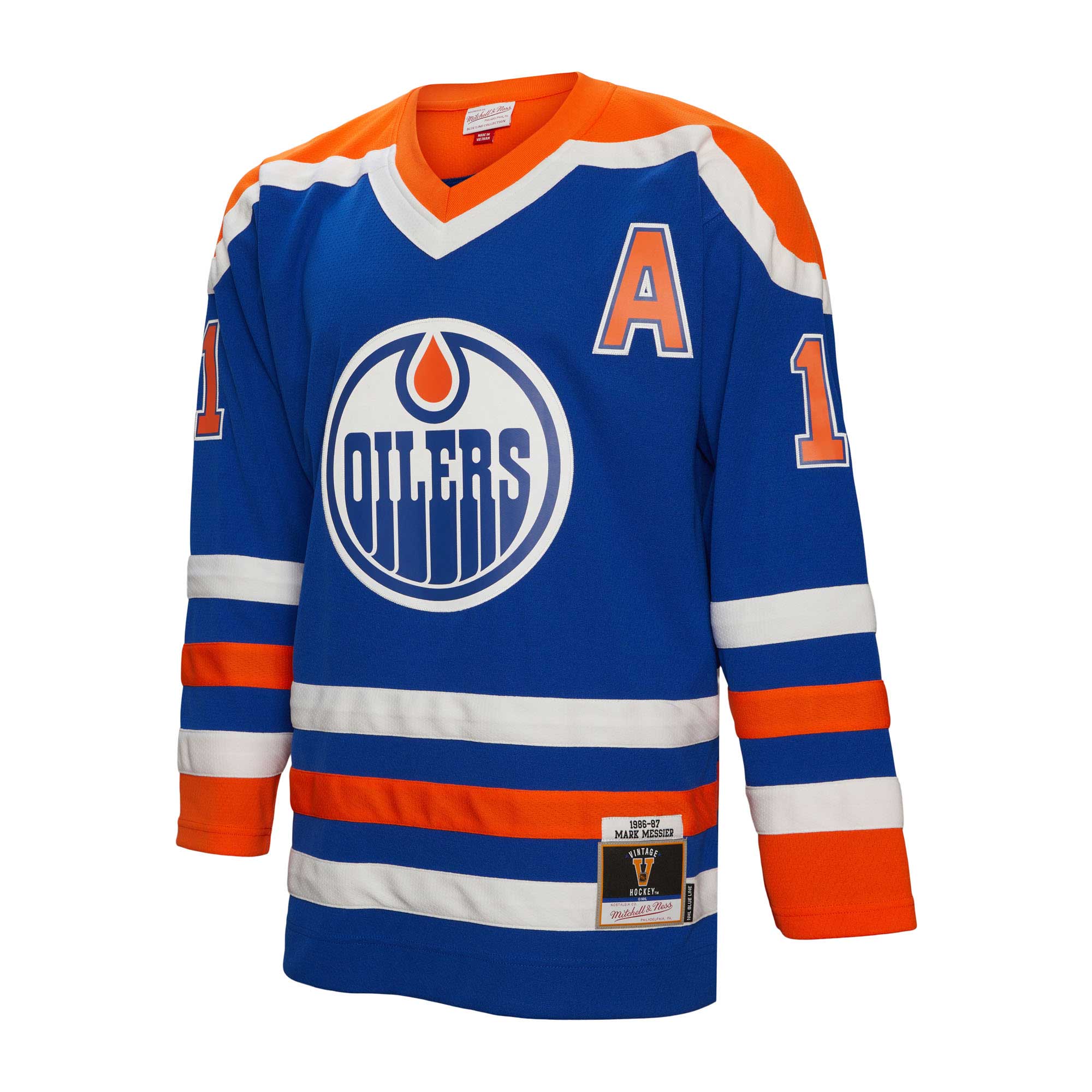 Alternative view of Men's Edmonton Oilers Mark Messier Mitchell & Ness Royal Alternate Captain Patch 1986/87 Blue Line Player Hockey Jersey - JS224 