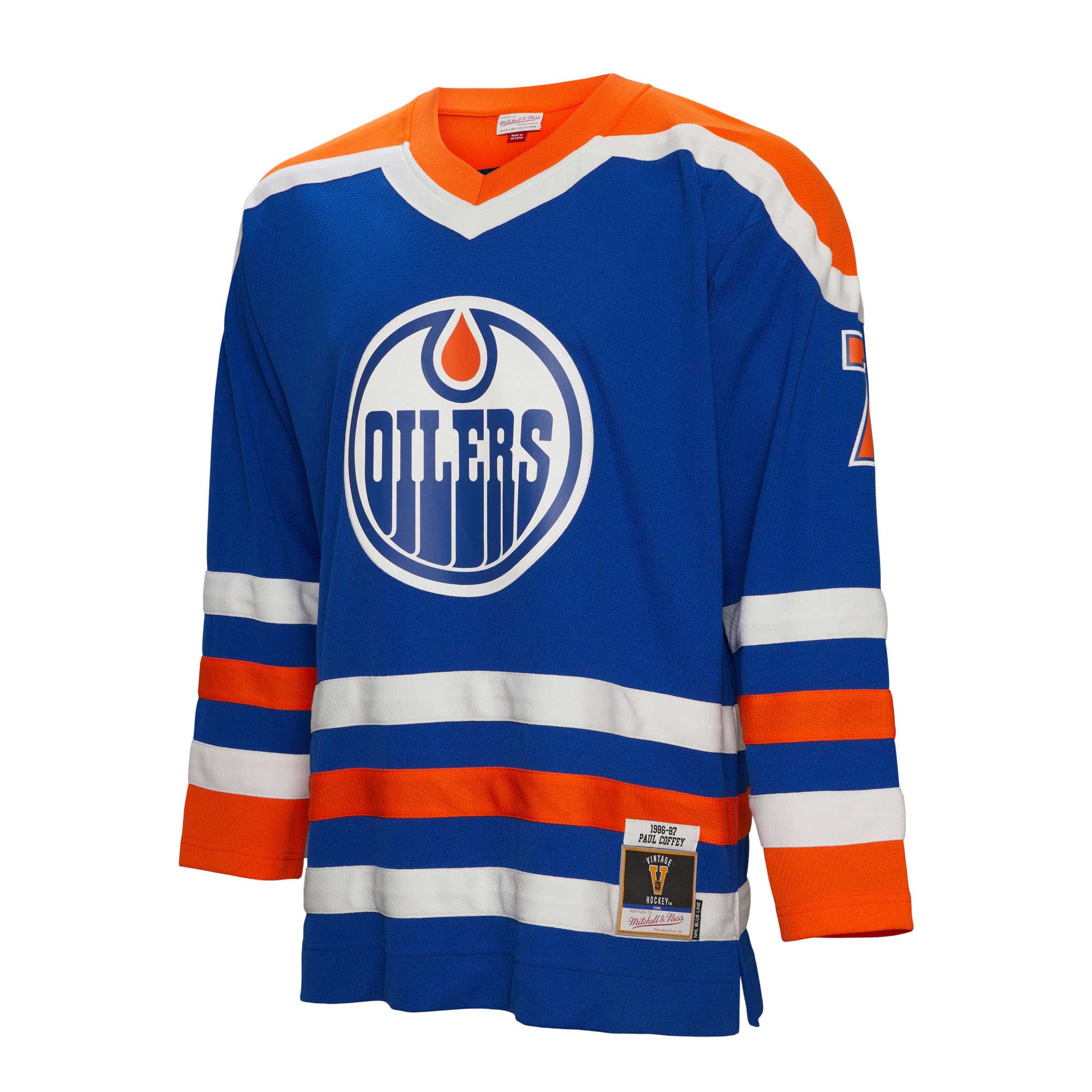 Alternative view of Men's Edmonton Oilers Paul Coffey Mitchell & Ness Royal 1986/87 Blue Line Player Hockey Jersey - JS906 