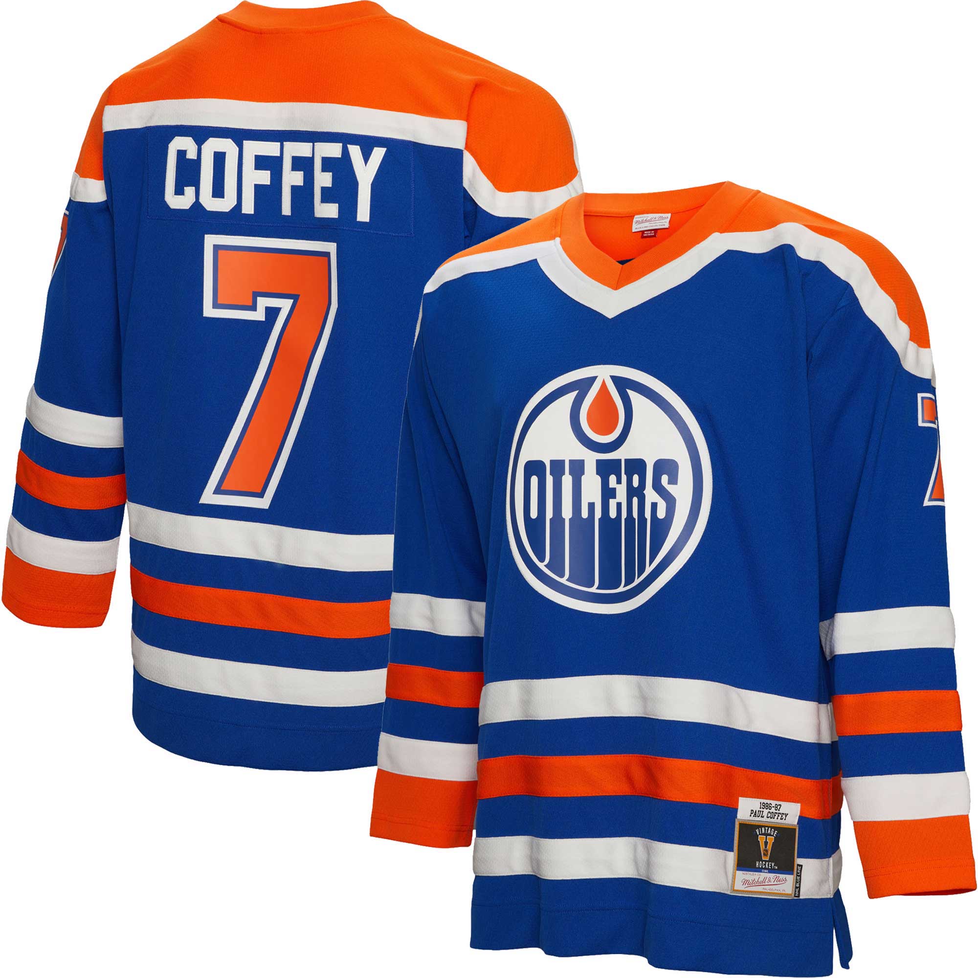 Men's Edmonton Oilers Paul Coffey Mitchell & Ness Royal 1986/87 Blue Line Player Hockey Jersey - JS906 