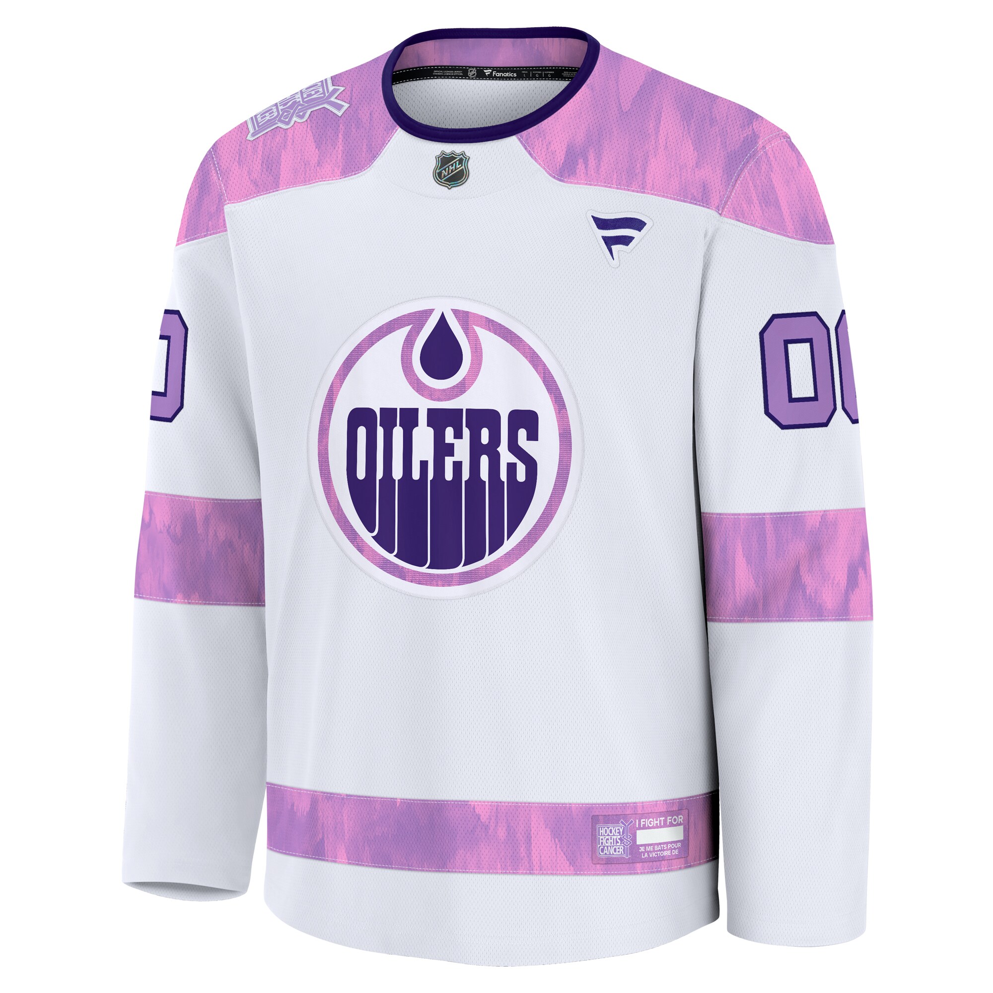 Alternative view of Men's Edmonton Oilers White 2024 Hockey Fights Cancer Custom Practice Hockey Jersey - JS709 