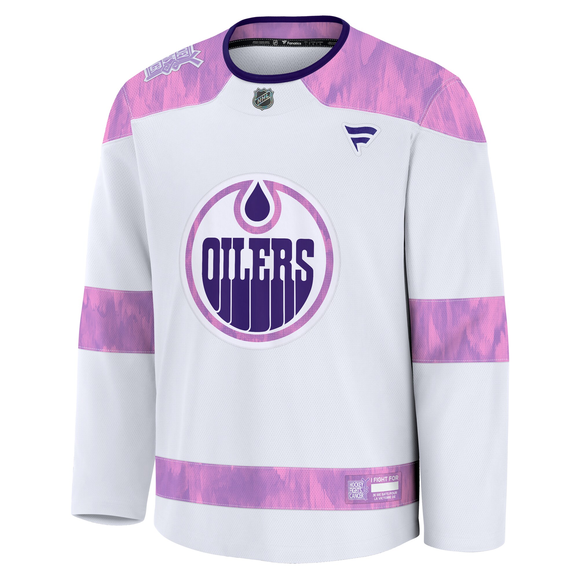 Alternative view of Men's Edmonton Oilers White 2024 Hockey Fights Cancer Practice Hockey Jersey - JS449 