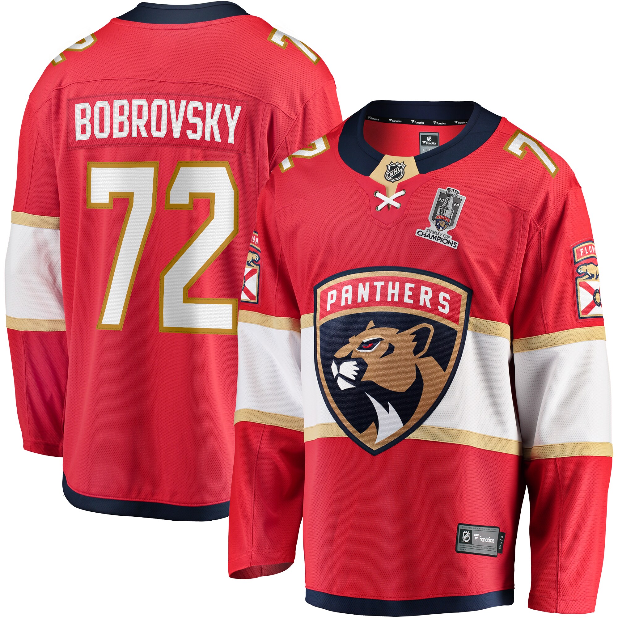 Men's Florida Panthers Sergei Bobrovsky Red Home 2024 Stanley Cup Champions Breakaway Player Hockey Jersey - JS277 