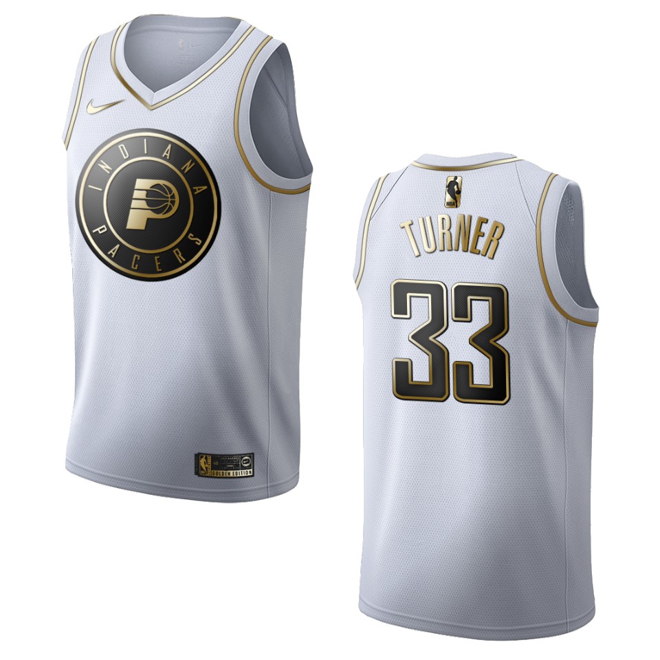 Men’s Indiana Pacers #33 Myles Turner Golden Edition Basketball Jersey – White