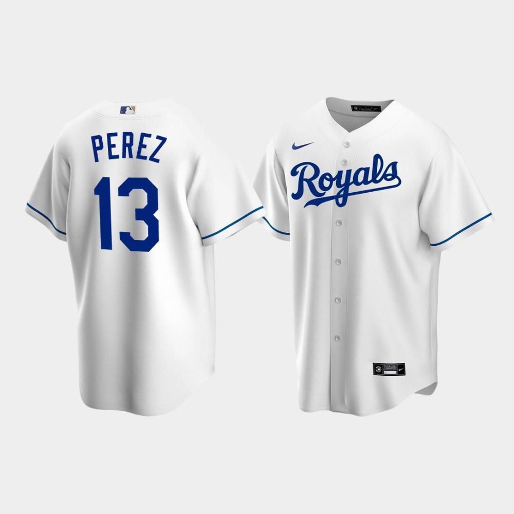 Men's Kansas City Royals 13 Salvador Perez White Home Baseball Jersey Baseball Jersey 