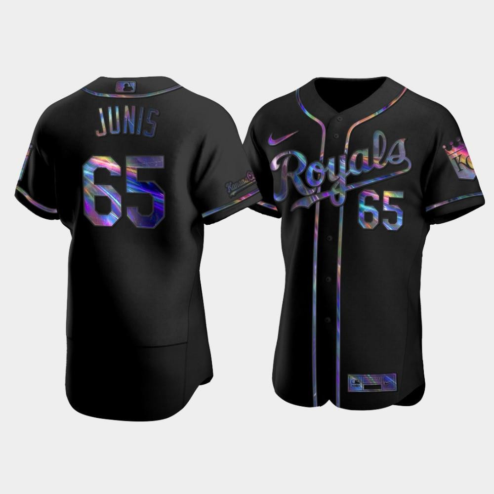 Men's Kansas City Royals Jakob Junis 65 Black Golden Edition Holographic Baseball Jersey Baseball Jersey 