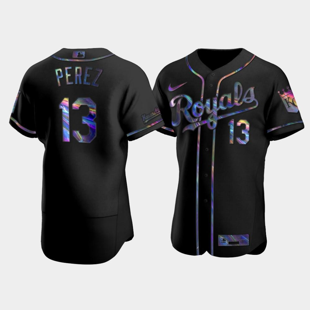 Men's Kansas City Royals Salvador Perez 13 Black Golden Edition Holographic Baseball Jersey Baseball Jersey 
