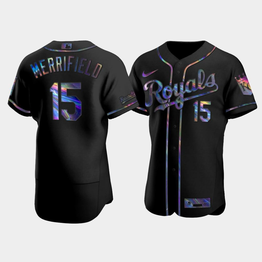 Men's Kansas City Royals Whit Merrifield 15 Black Golden Edition Holographic Baseball Jersey Baseball Jersey 