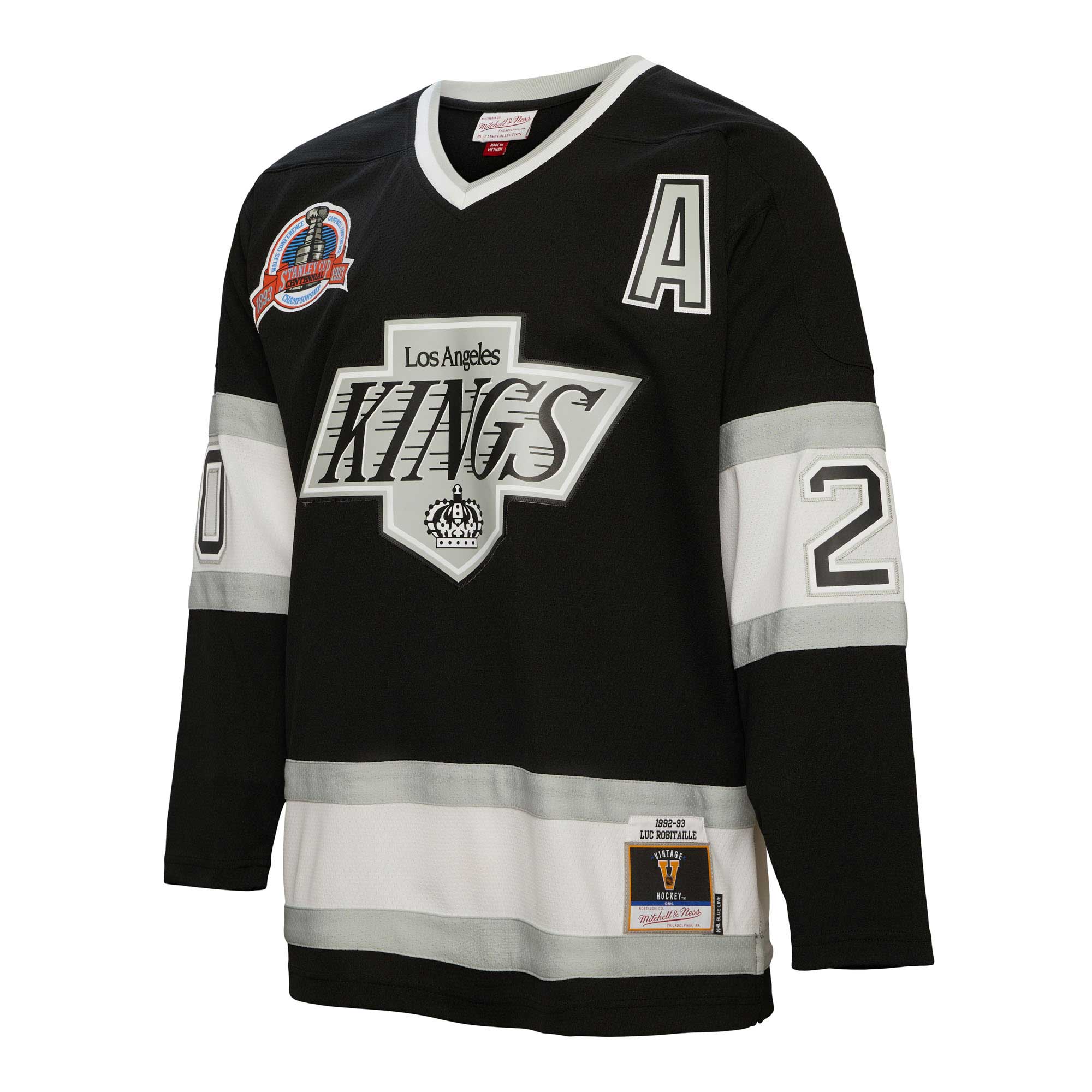 Alternative view of Men's Los Angeles Kings Luc Robitaille Mitchell & Ness Black Alternate Captain Patch 1992/93 Blue Line Player Hockey Jersey - JS554 