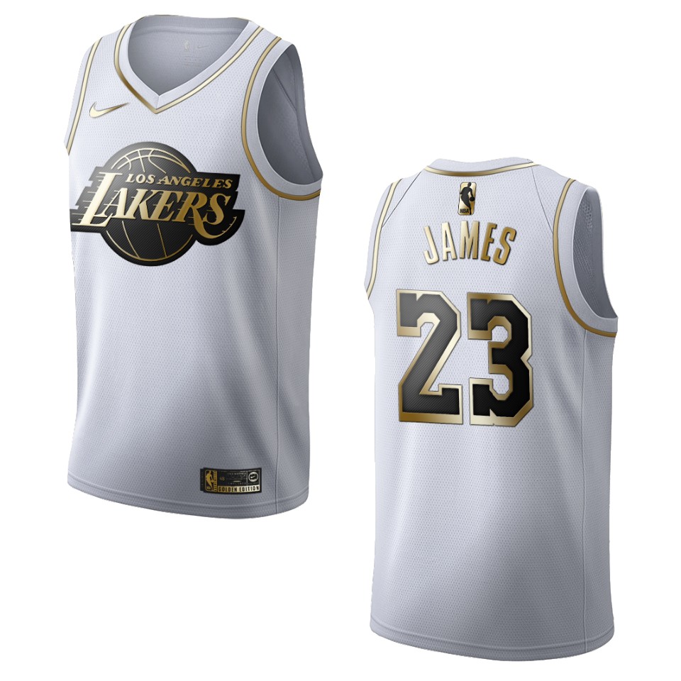 Men’s Los Angeles Lakers #23 Lebron James Golden Edition Basketball Jersey – White
