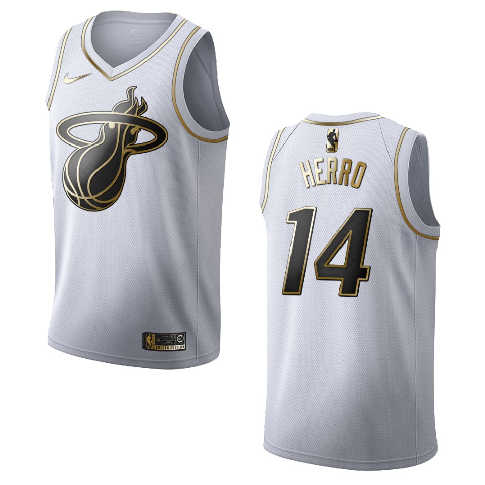 Men’s Miami Heat #14 Tyler Herro Golden Edition Basketball Jersey – White
