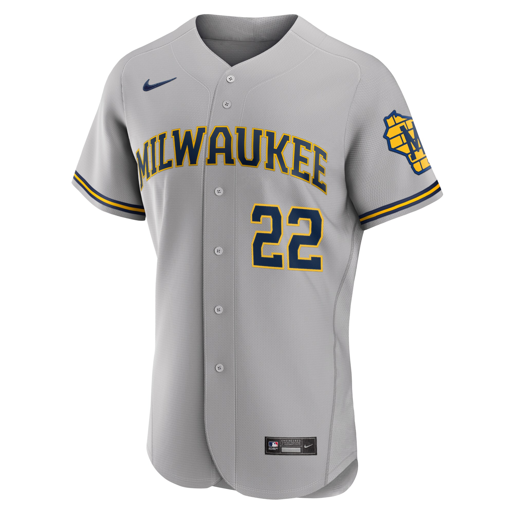Alternative view of Men's Milwaukee Brewers Christian Yelich Gray Road Player Logo Baseball Jersey 