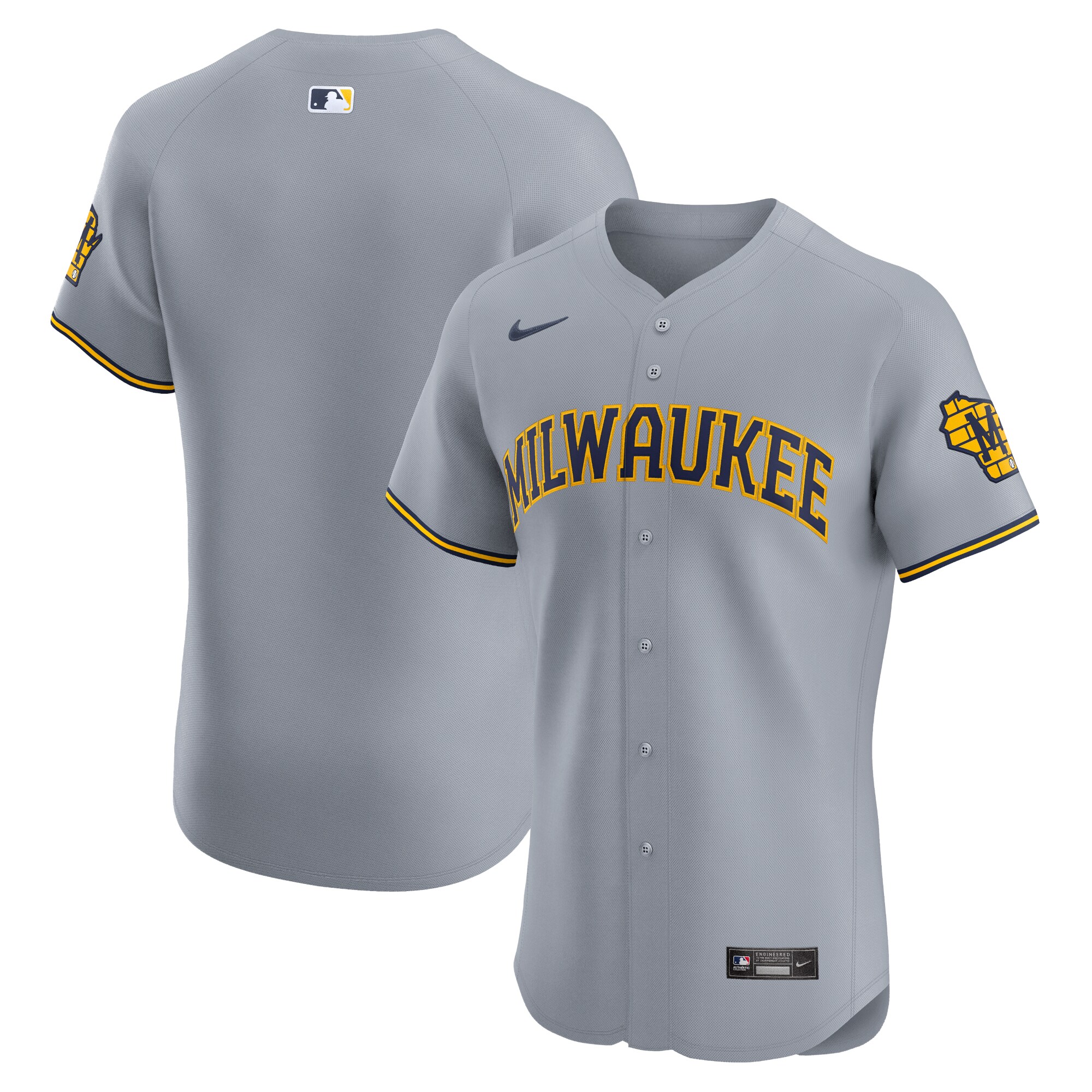 Men's Milwaukee Brewers Gray Road Vapor Premier Elite Patch Baseball Jersey 