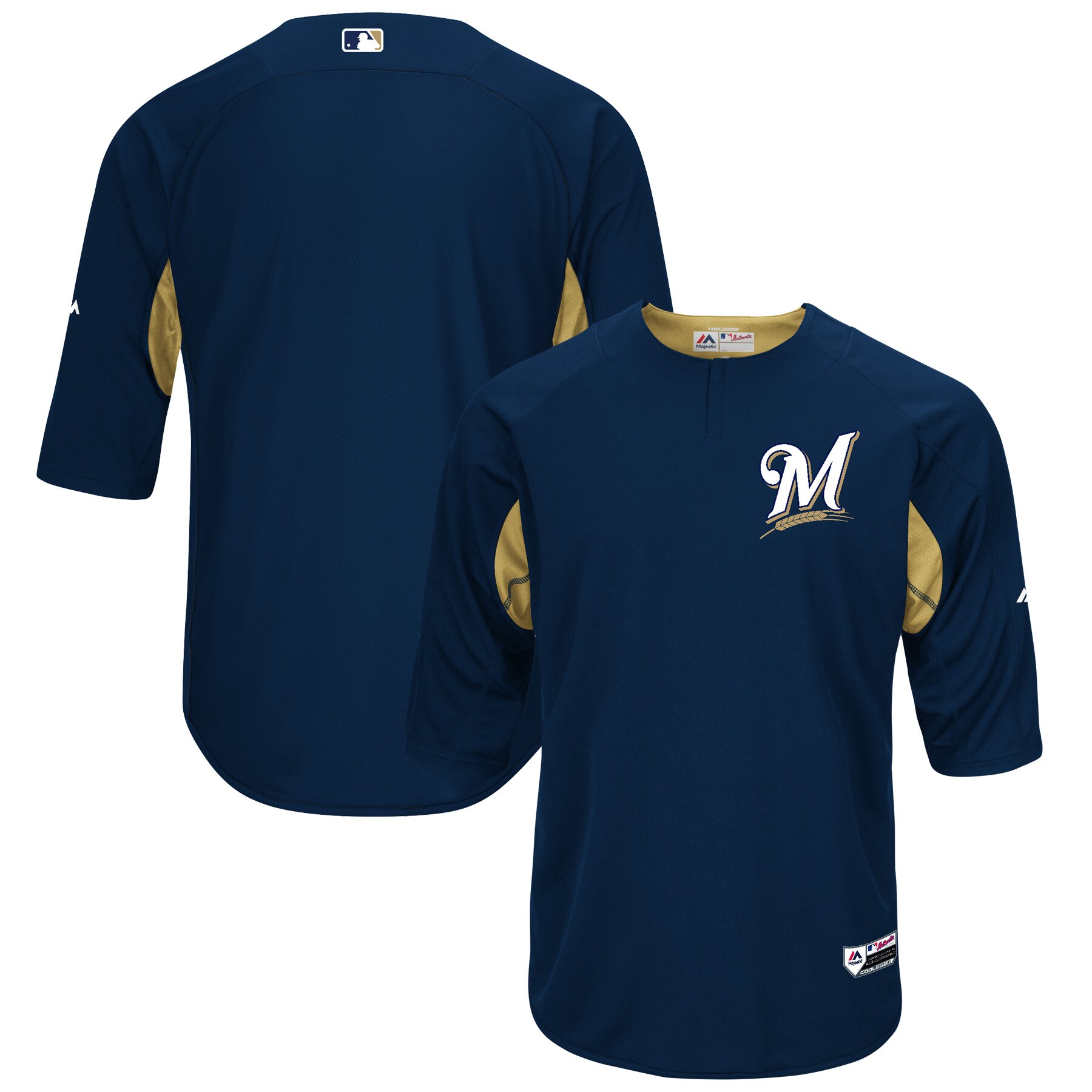 Men's Milwaukee Brewers Majestic Navy/Gold Collection On-Field 3/4-Sleeve Batting Practice Baseball Jersey 