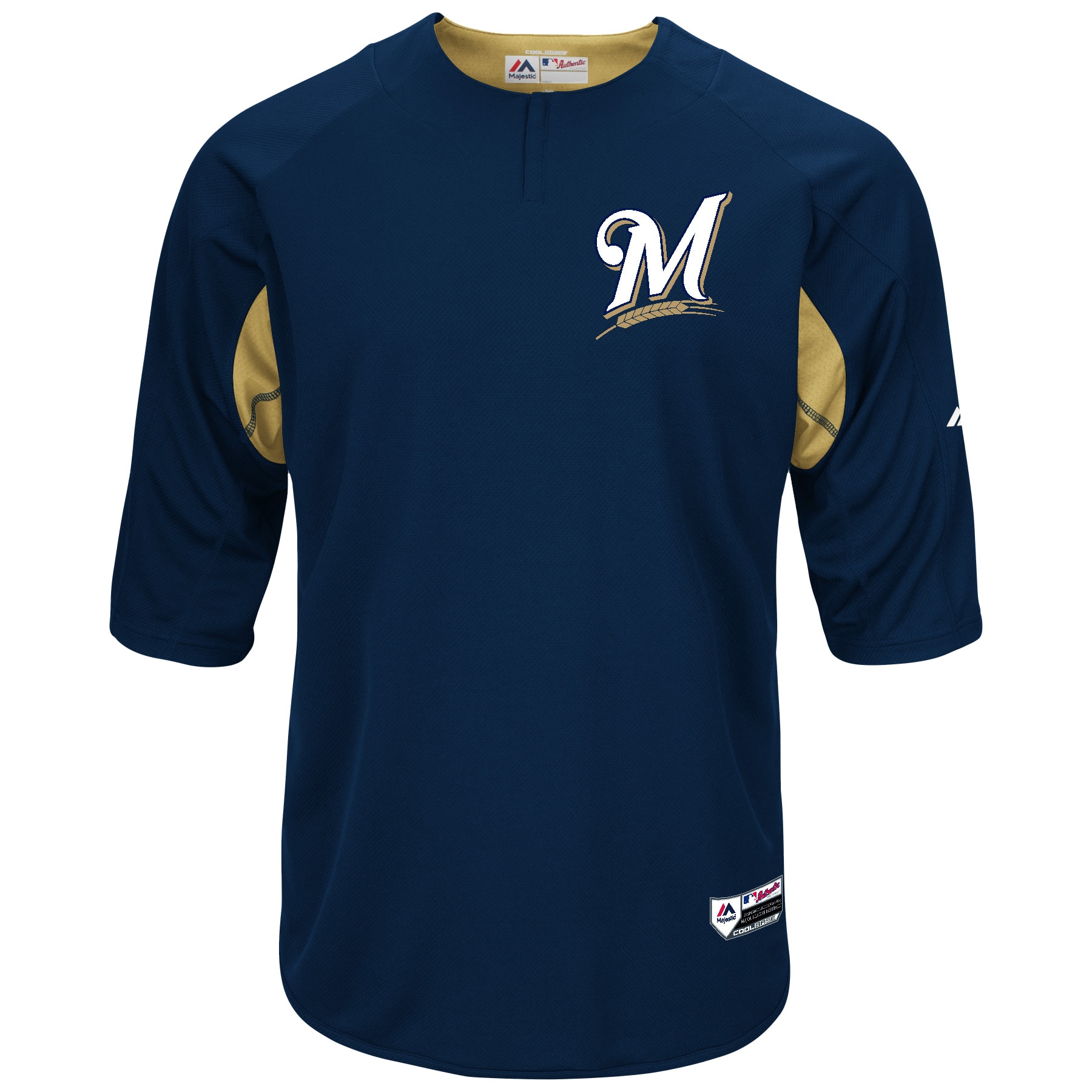 Alternative view of Men's Milwaukee Brewers Majestic Navy/Gold Collection On-Field 3/4-Sleeve Batting Practice Baseball Jersey 