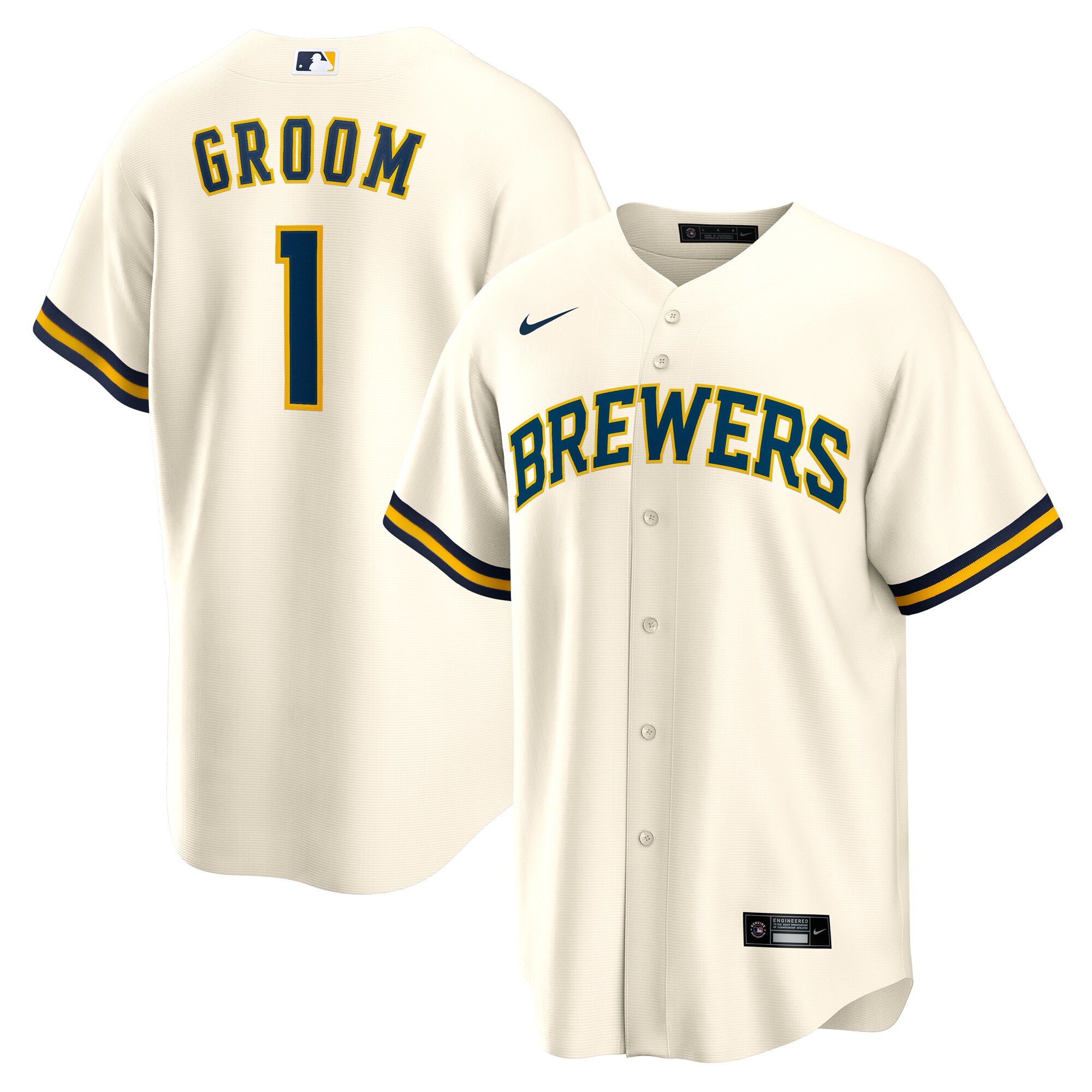Men's Milwaukee Brewers White #1 Groom Home Jersey 