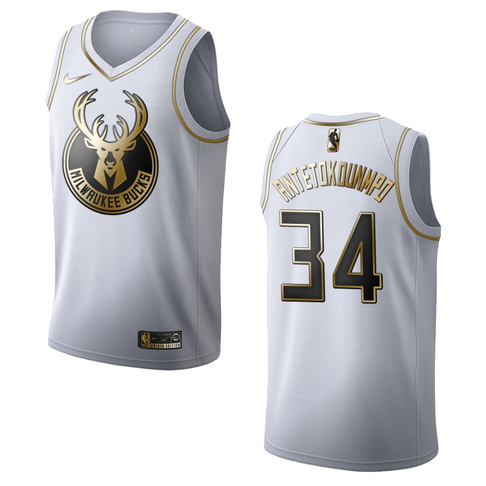 Men’s Milwaukee Bucks #34 Giannis Antetokounmpo Golden Edition Basketball Jersey – White