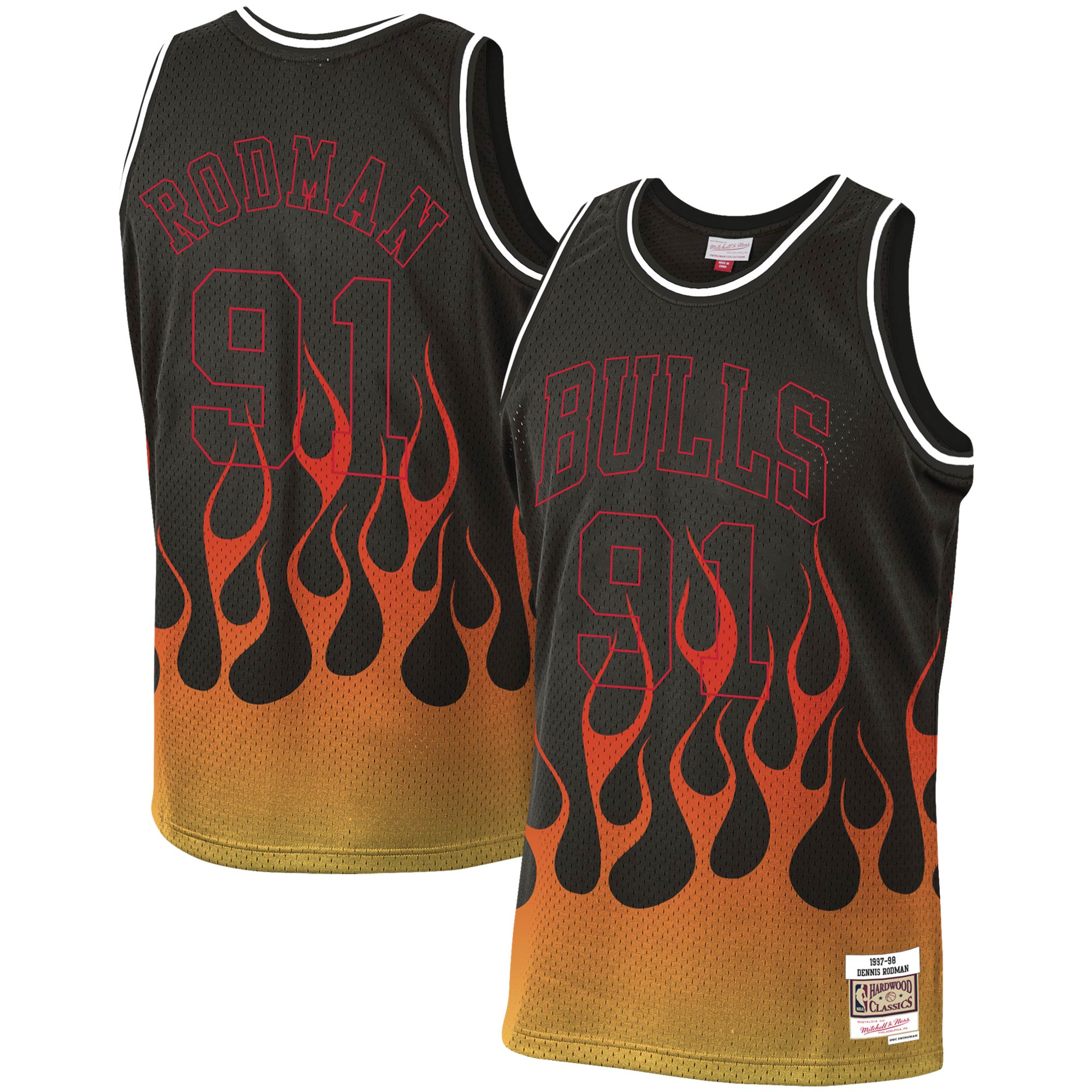 Men's Mitchell & Ness Dennis Rodman Black Chicago Bulls 1997-98 Hardwood Classics Flames Swingman Basketball Jersey