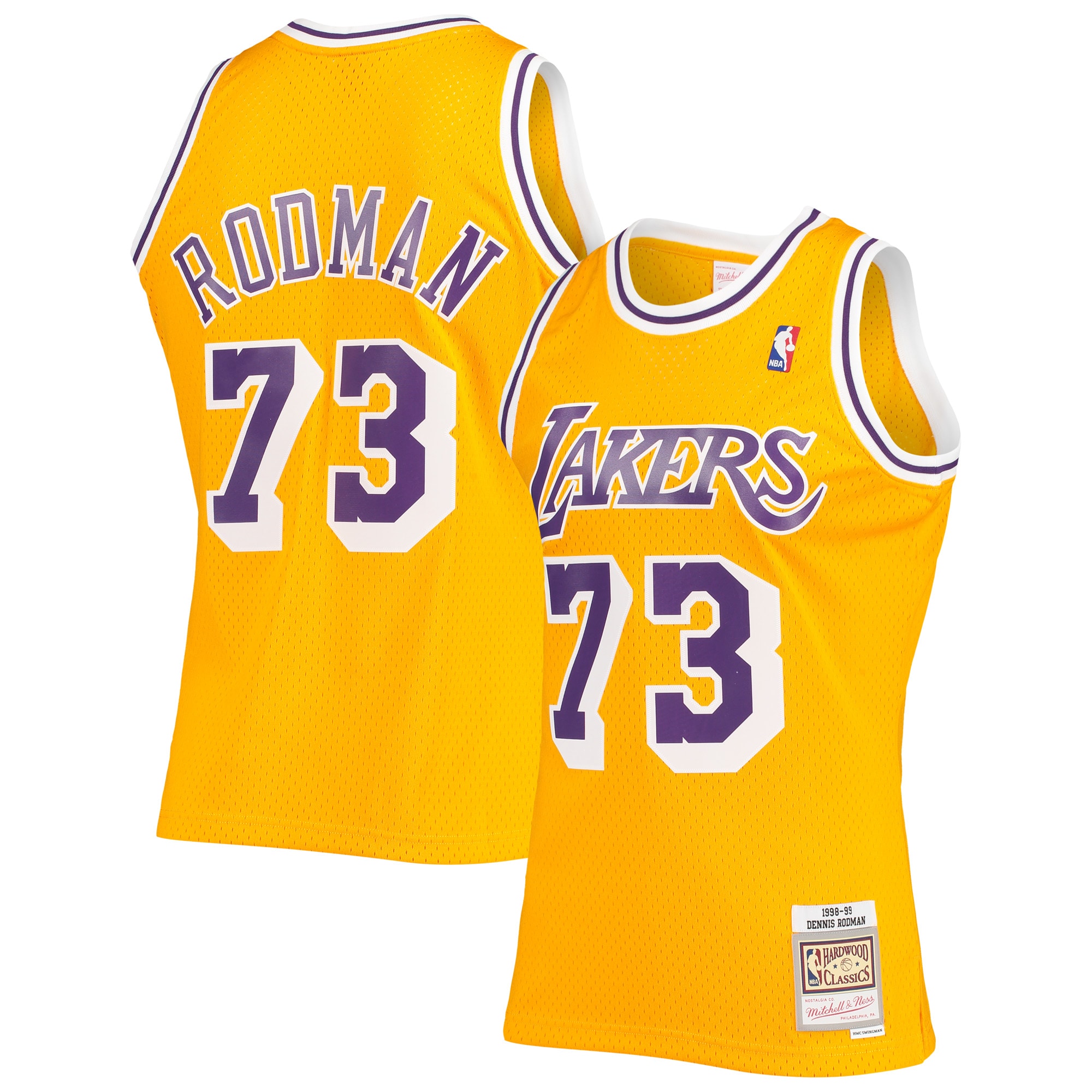 Men's Mitchell & Ness Dennis Rodman Gold Los Angeles Lakers 1998-99 Hardwood Classics Swingman Basketball Jersey