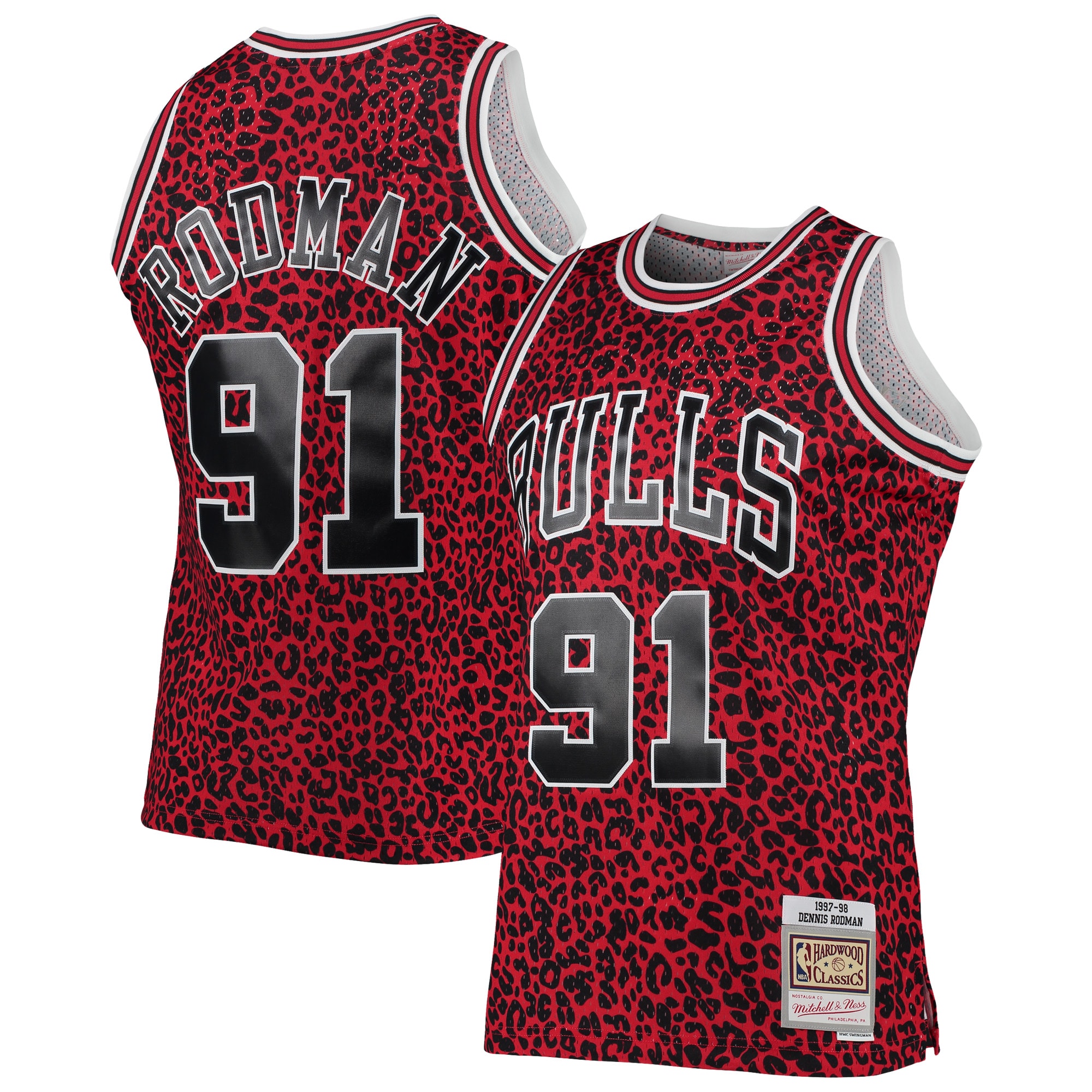 Men's Mitchell & Ness Dennis Rodman Red Chicago Bulls Hardwood Classics Wildlife Swingman Basketball Jersey