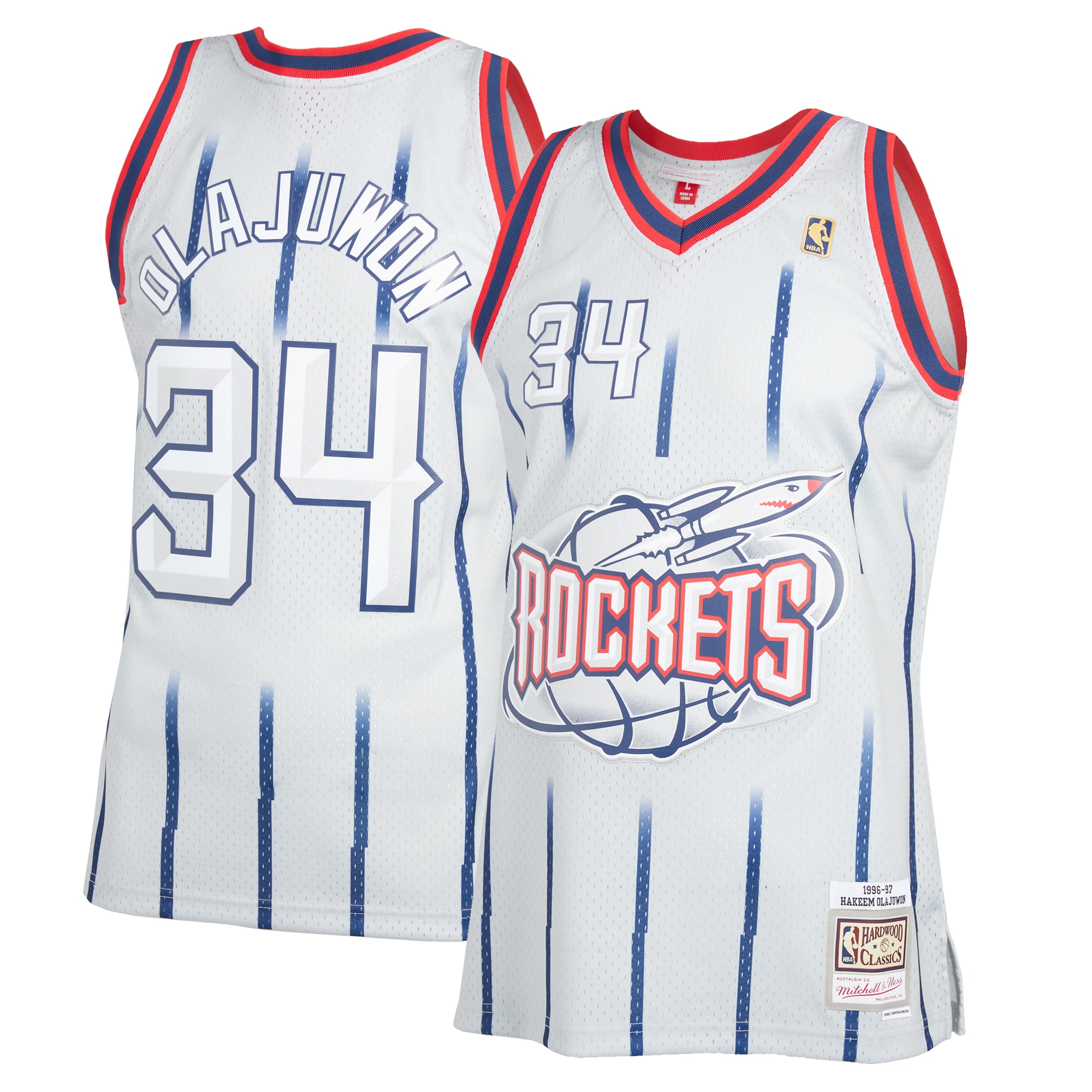 Men's Mitchell & Ness Hakeem Olajuwon Gray Houston Rockets 1996-97 Hardwood Classics Reload 2.0 Swingman Basketball Jersey