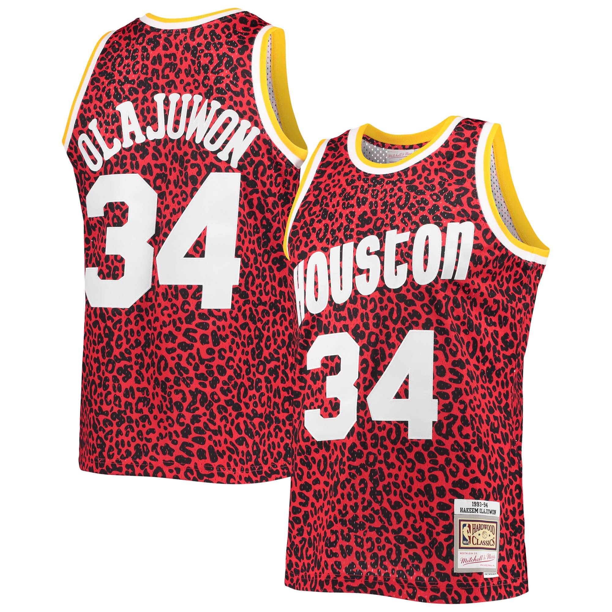 Men's Mitchell & Ness Hakeem Olajuwon Red Houston Rockets 1993-94 Hardwood Classics Wildlife Swingman Jersey