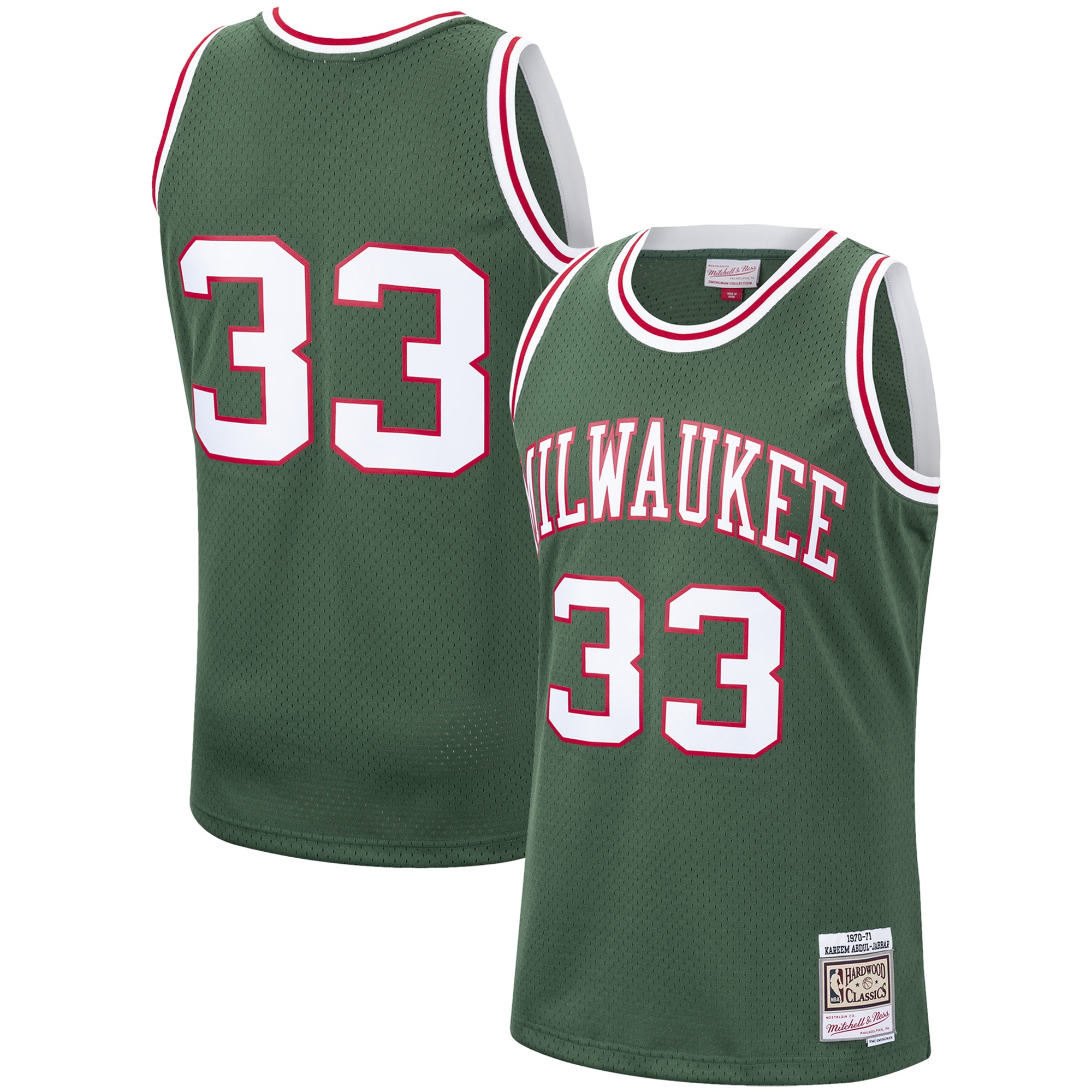 Men's Mitchell & Ness Kareem Abdul-jabbar Hunter Green Milwaukee Bucks 1970-71 Hardwood Classics Swingman Basketball Jersey