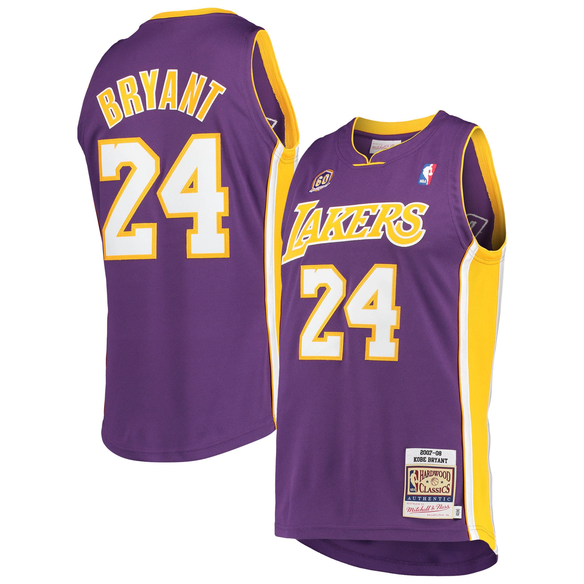 Men's Mitchell & Ness Kobe Bryant Purple Los Angeles Lakers 2007-08 Hardwood Classics 60th Season Authentic Basketball Jersey