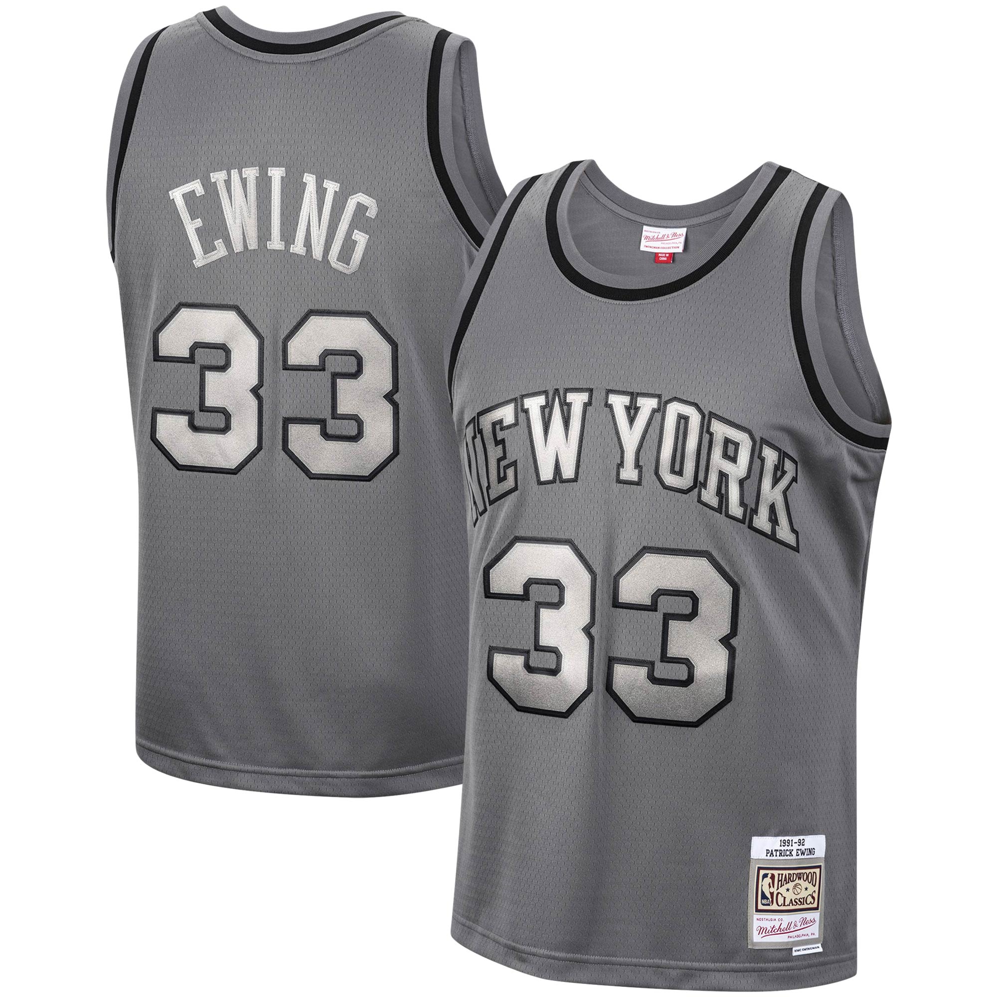 Men's Mitchell & Ness Patrick Ewing Charcoal New York Knicks Hardwood Classics Retired Player 1991/92 Metal Works Swingman Basketball Jersey