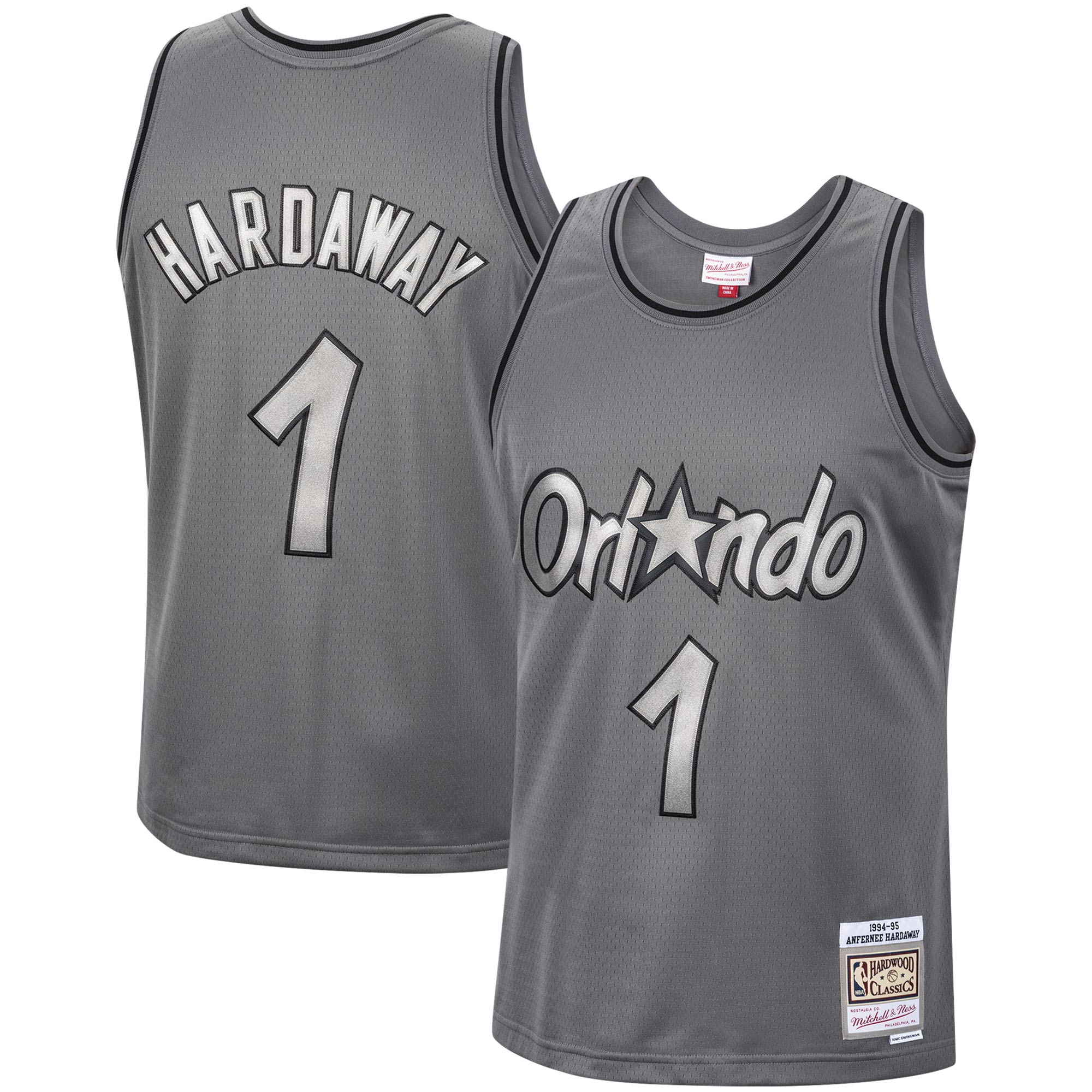 Men's Mitchell & Ness Penny Hardaway Charcoal Orlando Magic Hardwood Classics Retired Player 1994/95 Metal Works Swingman Basketball Jersey
