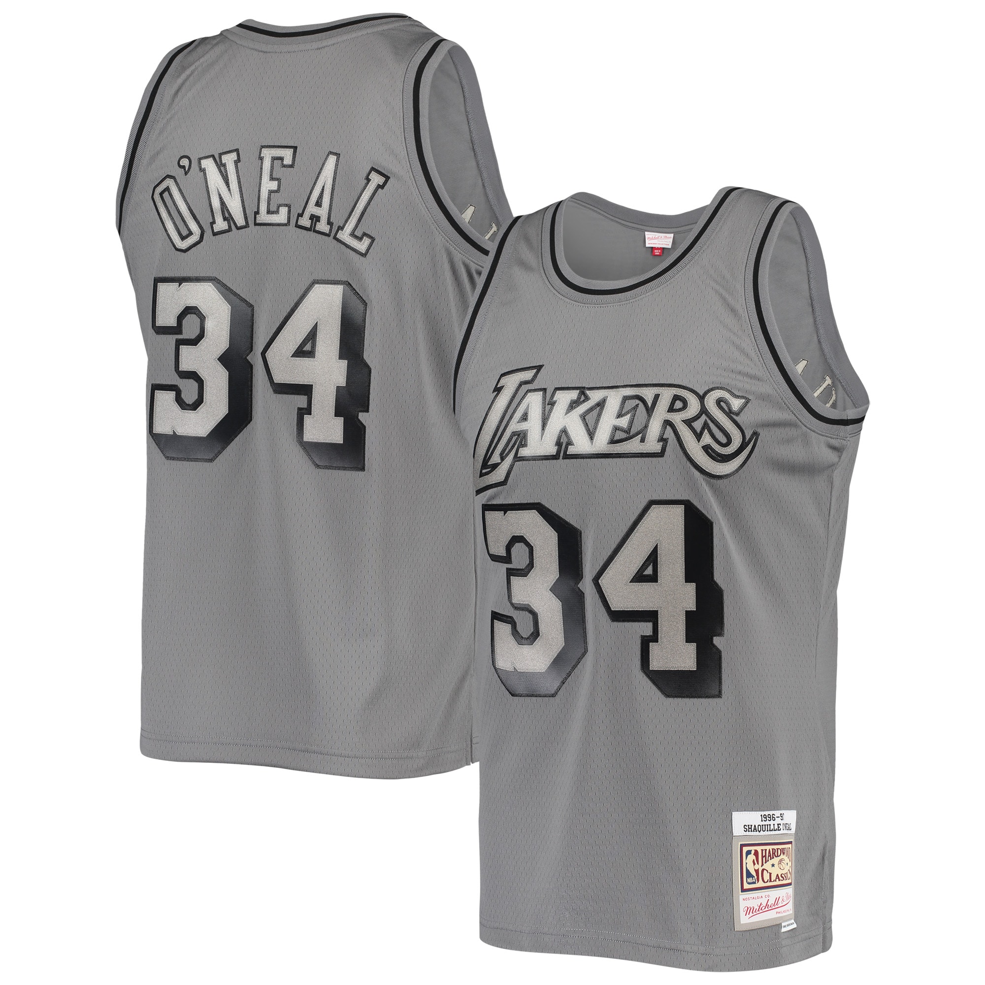 Men's Mitchell & Ness Shaquille O'neal Charcoal Los Angeles Lakers Hardwood Classics Retired Player 1996/97 Metal Works Swingman Basketball Jersey