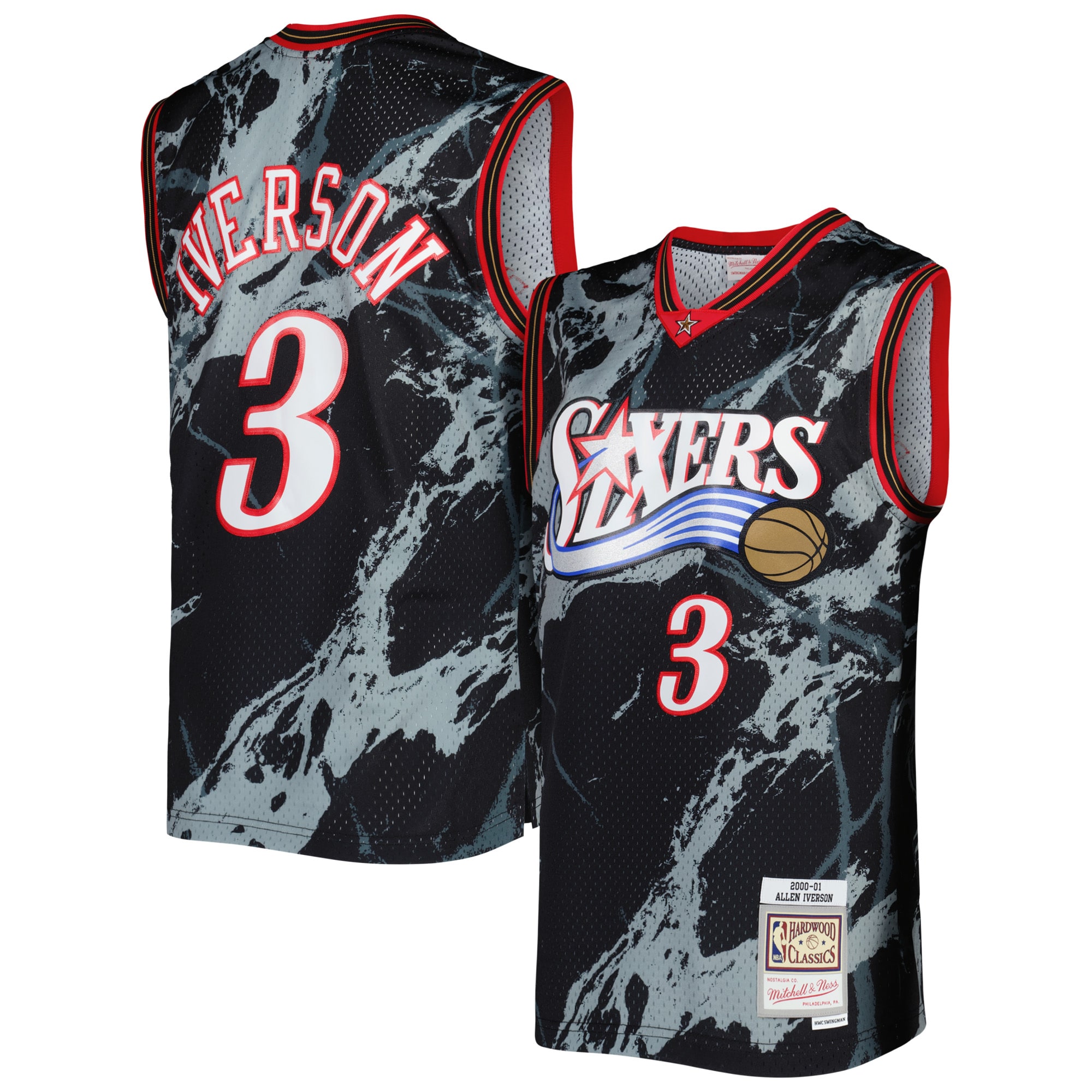 Men's Mitchell & Ness Allen Iverson Black Philadelphia 76ers 2000/01 Hardwood Classics Marble Swingman Basketball Jersey - JS463 