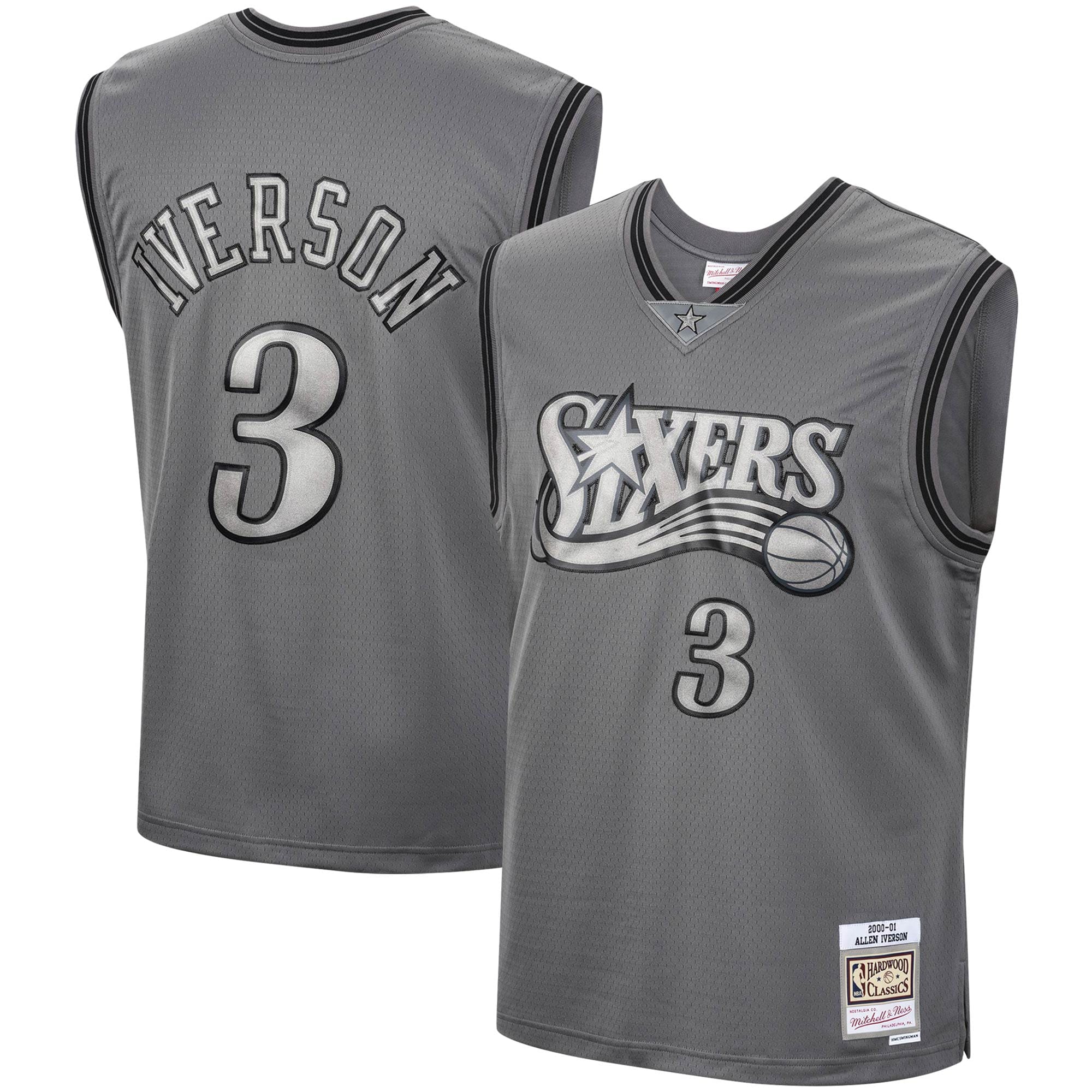 Men's Mitchell & Ness Allen Iverson Charcoal Philadelphia 76ers Hardwood Classics Retired Player 2000/01 Metal Works Swingman Basketball Jersey