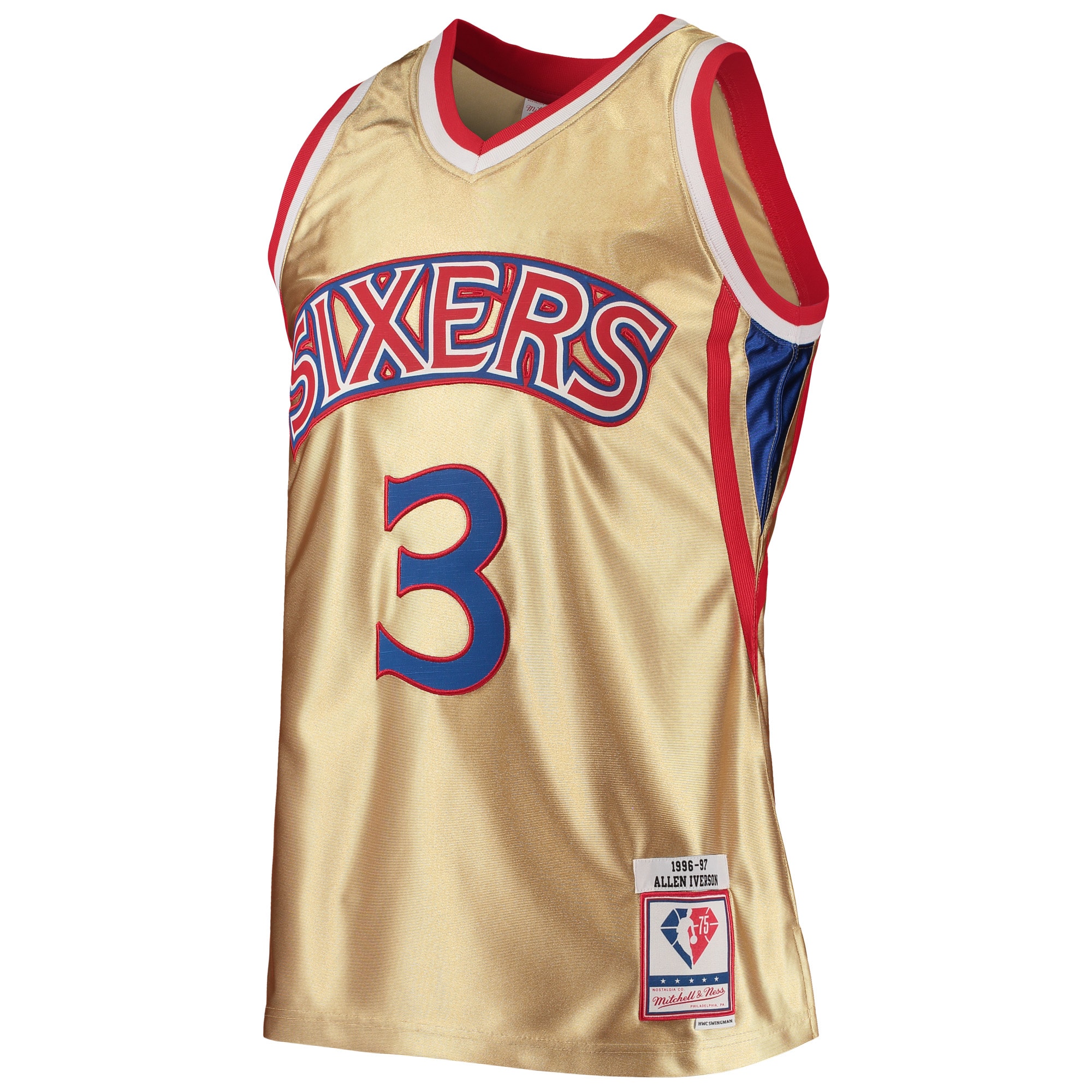 Alternative view of Men's Mitchell & Ness Allen Iverson Gold Philadelphia 76ers 75th Anniversary 1996/97 Hardwood Classics Swingman Basketball Jersey - JS638 