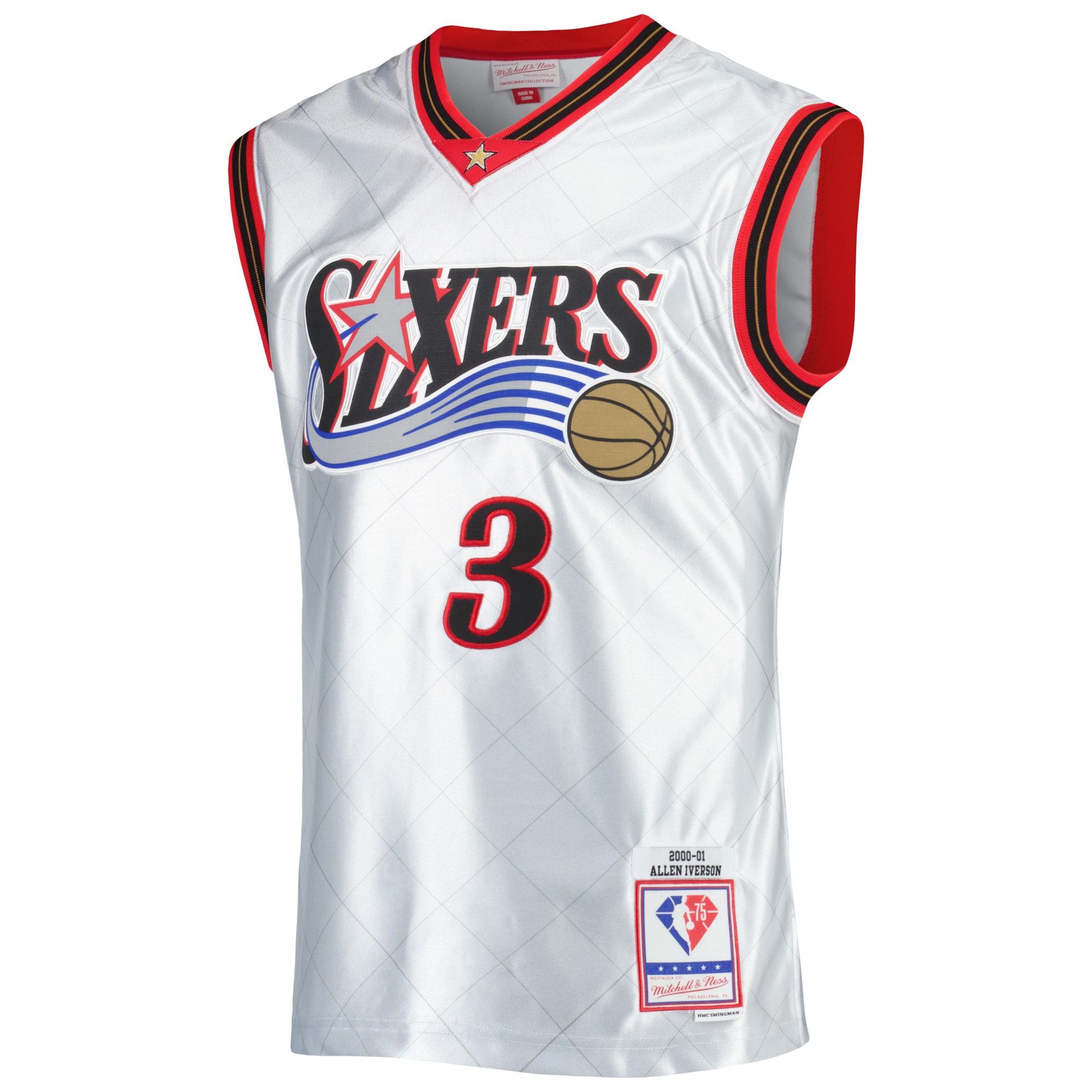 Alternative view of Men's Mitchell & Ness Allen Iverson Platinum Philadelphia 76ers 2000/01 Hardwood Classics 75th Anniversary Swingman Basketball Jersey - JS657 
