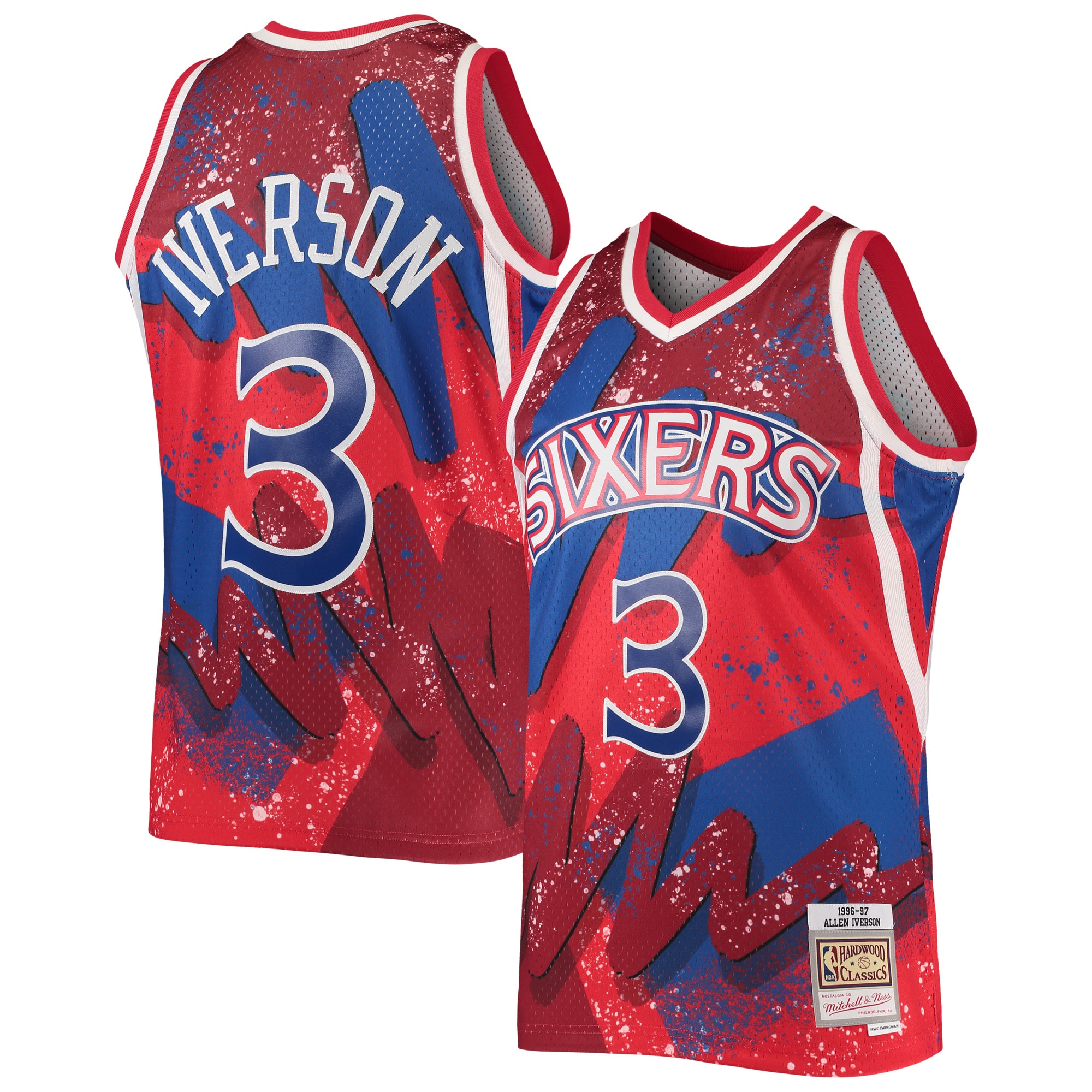 Men's Mitchell & Ness Allen Iverson Red Philadelphia 76ers Hardwood Classics 1996/97 Hyper Hoops Swingman Basketball Jersey - JS653 