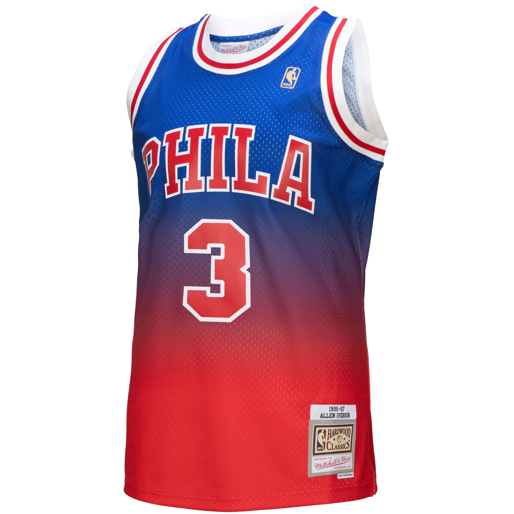 Alternative view of Men's Mitchell & Ness Allen Iverson Red/Royal Philadelphia 76ers 1996/97 Hardwood Classics Fadeaway Swingman Player Basketball Jersey - JS806 