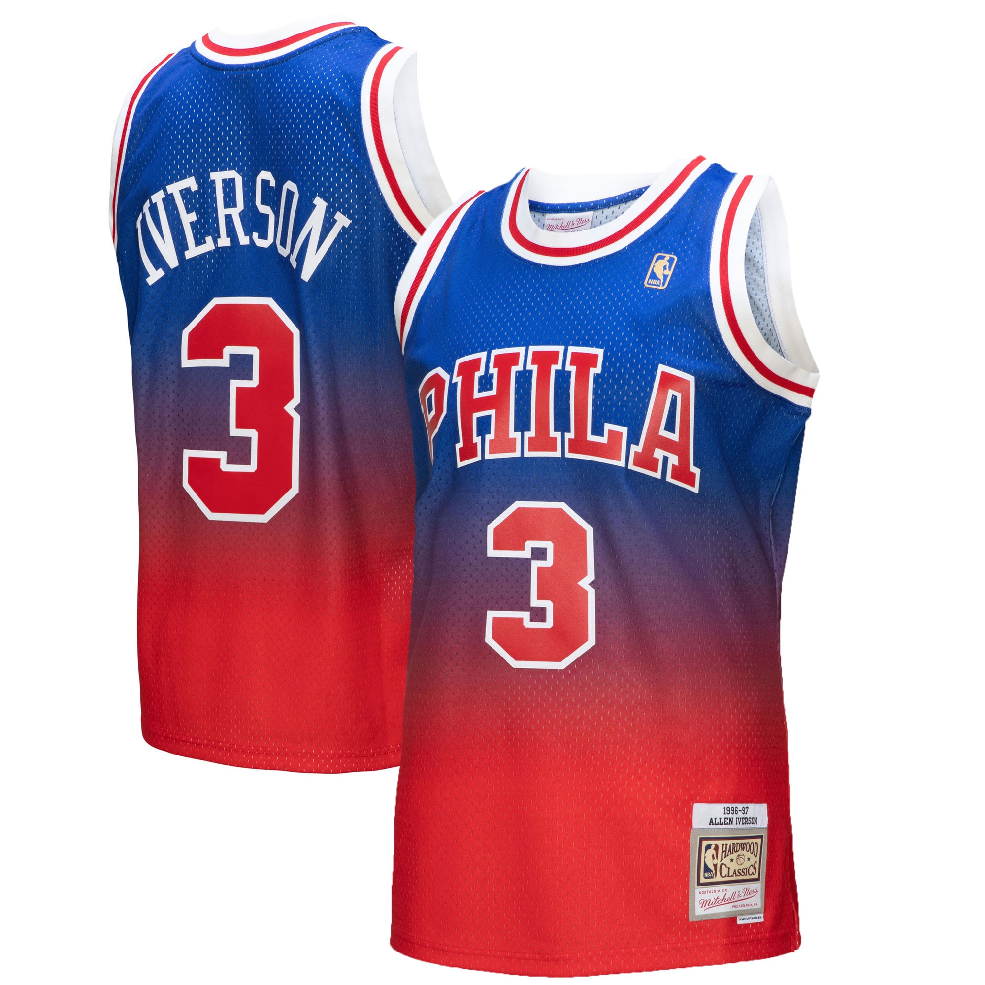 Men's Mitchell & Ness Allen Iverson Red/Royal Philadelphia 76ers 1996/97 Hardwood Classics Fadeaway Swingman Player Basketball Jersey - JS806 
