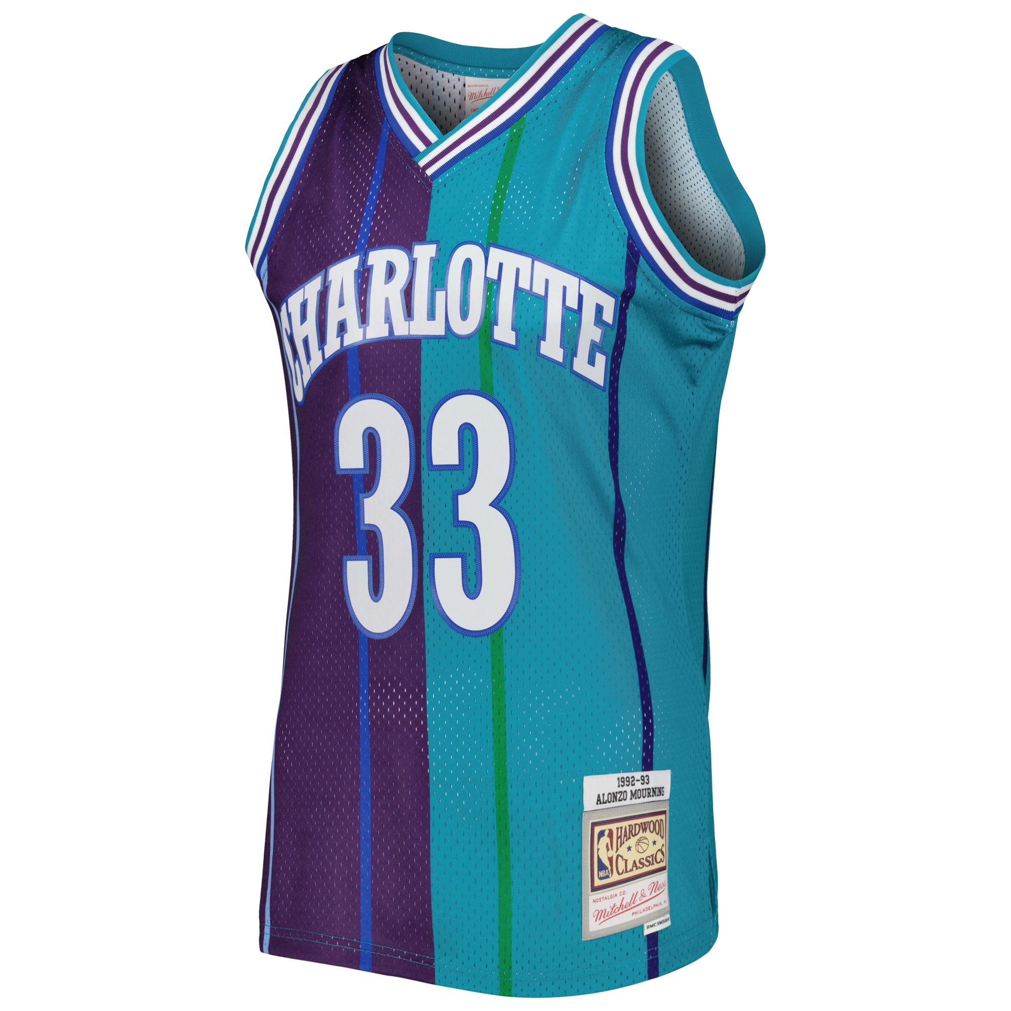 Alternative view of Men's Mitchell & Ness Alonzo Mourning Teal/Purple Charlotte Hornets Hardwood Classics 1992/93 Split Swingman Basketball Jersey - JS598 