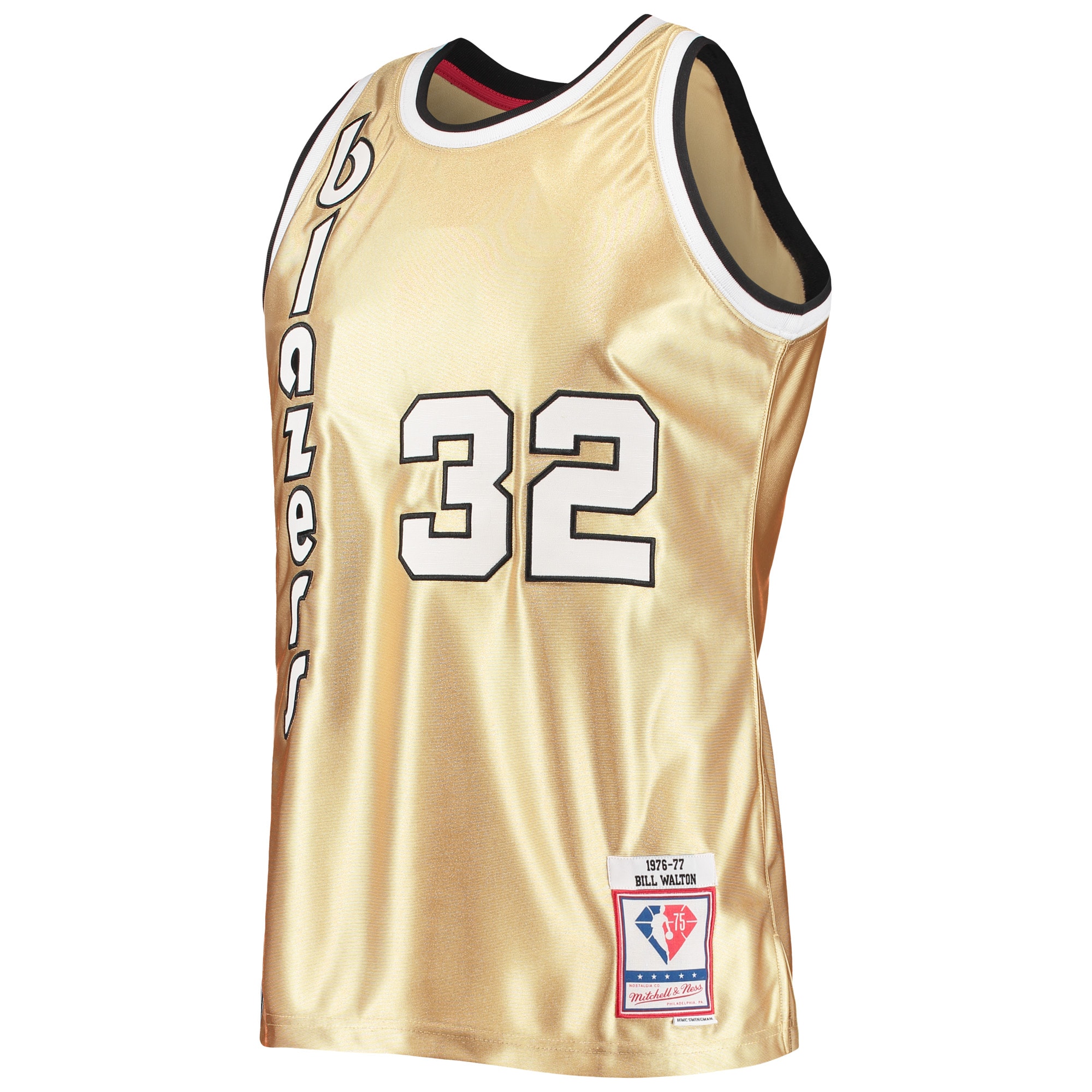 Alternative view of Men's Mitchell & Ness Bill Walton Gold Portland Trail Blazers 75th Anniversary 1976/77 Hardwood Classics Swingman Basketball Jersey - JS202 