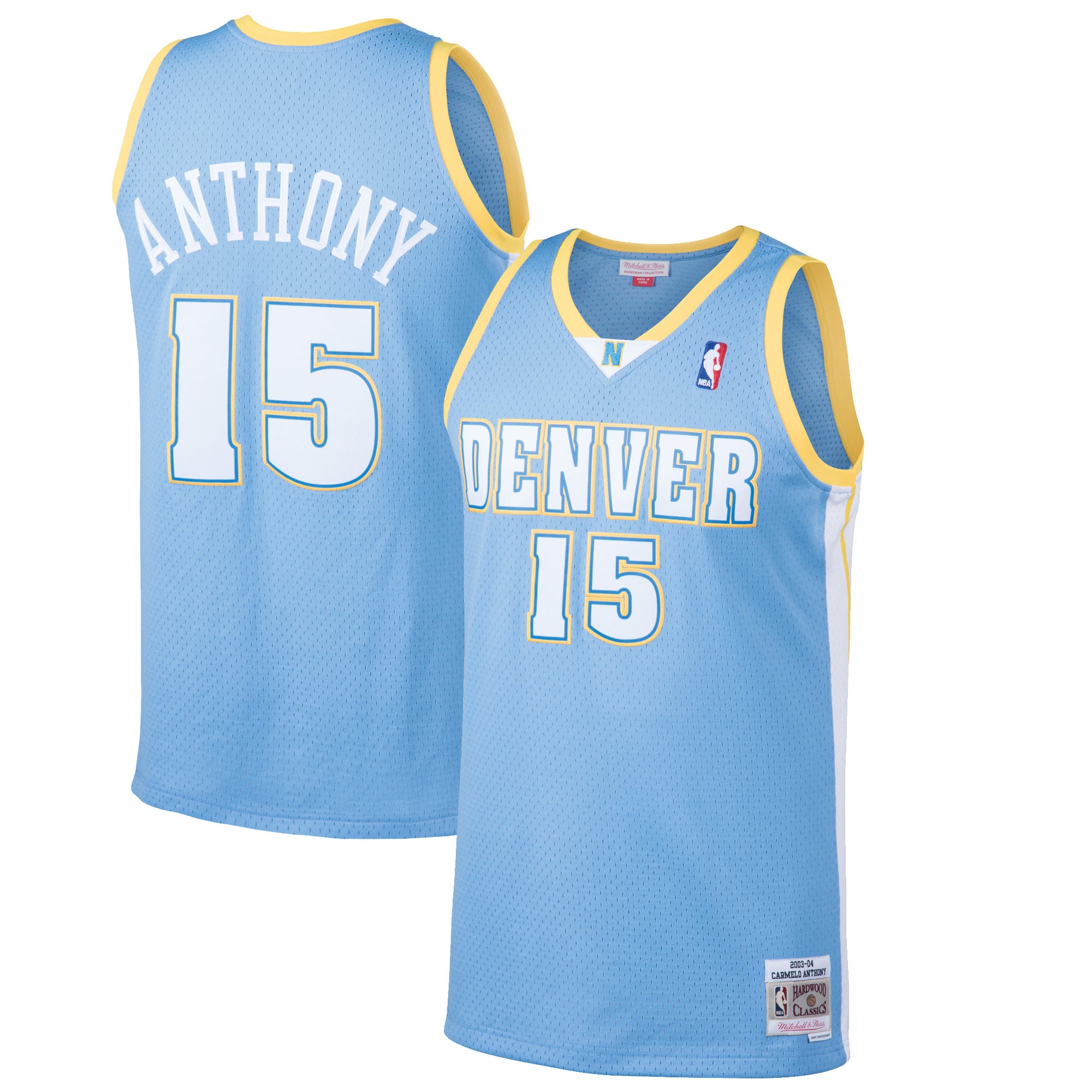 Men's Mitchell & Ness Carmelo Anthony Light Blue Denver Nuggets 2003-04 Hardwood Classics Swingman Basketball Jersey - JS621 