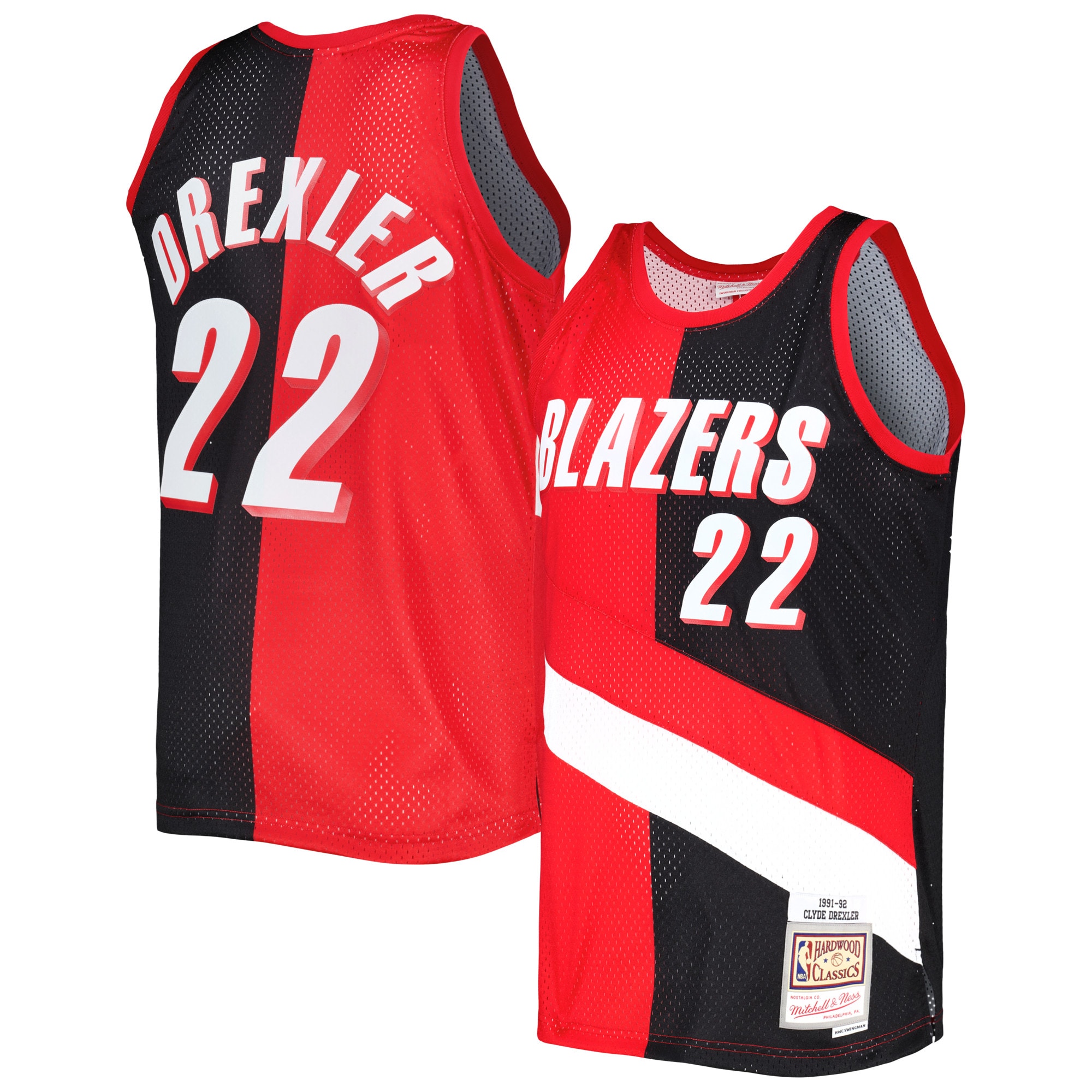 Men's Mitchell & Ness Clyde Drexler Red/Black Portland Trail Blazers Hardwood Classics 1991/92 Split Swingman Basketball Jersey - JS139 