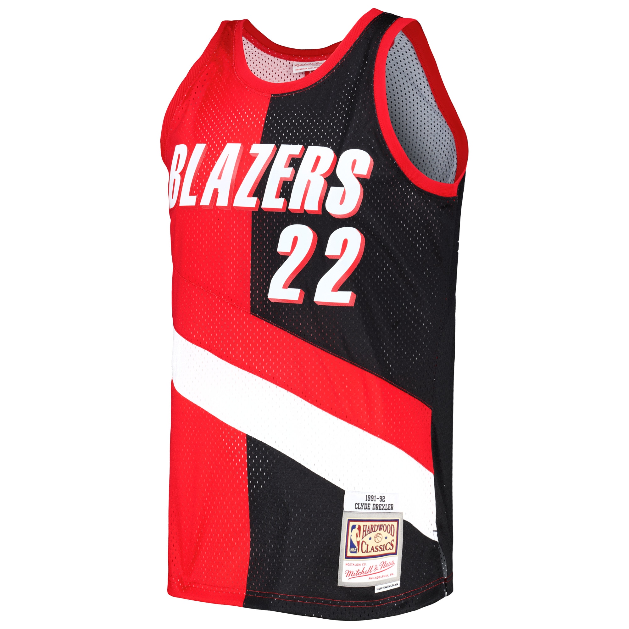 Alternative view of Men's Mitchell & Ness Clyde Drexler Red/Black Portland Trail Blazers Hardwood Classics 1991/92 Split Swingman Basketball Jersey - JS139 