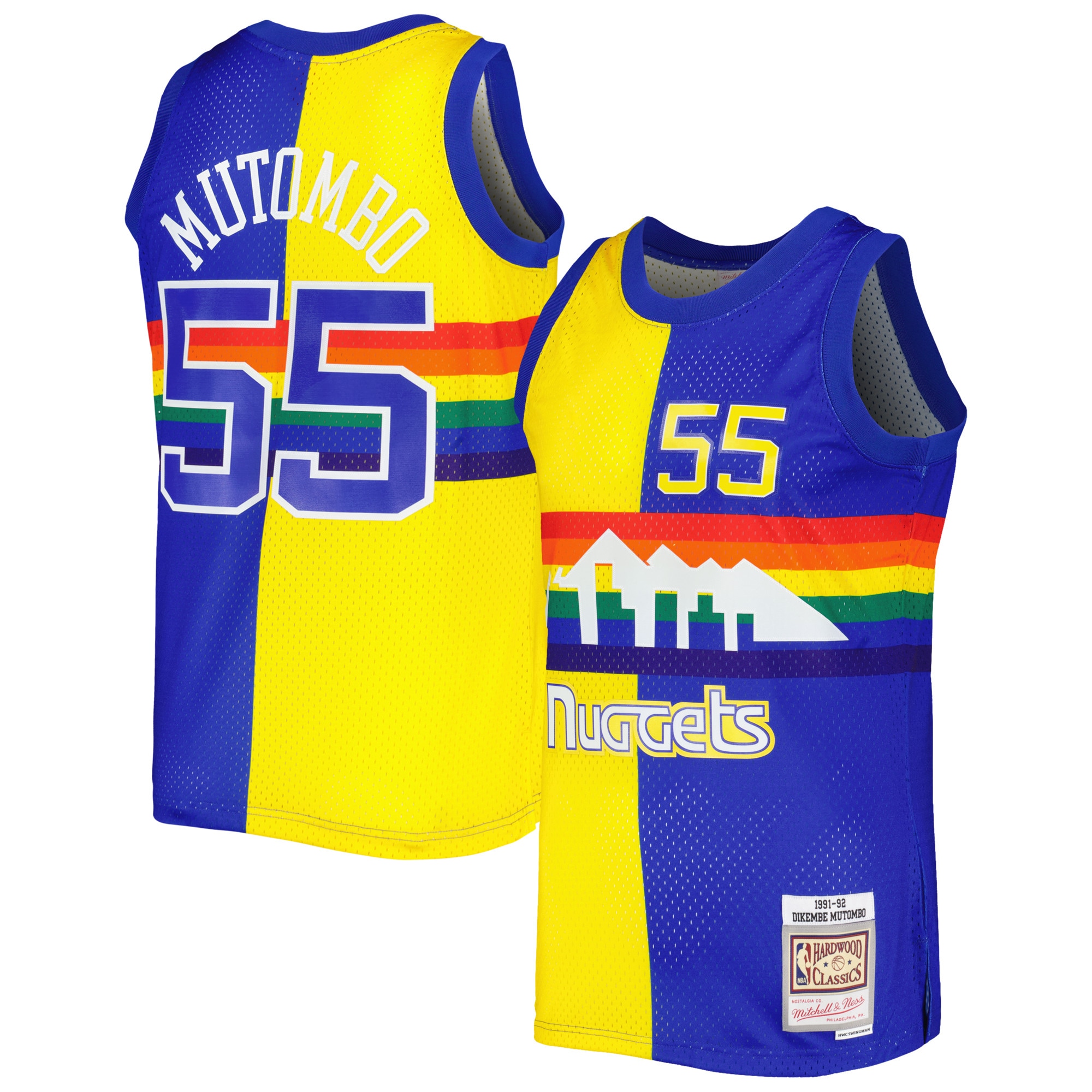 Men's Mitchell & Ness Dikembe Mutombo Royal/Gold Denver Nuggets Hardwood Classics 1991/92 Split Swingman Basketball Jersey - JS729 