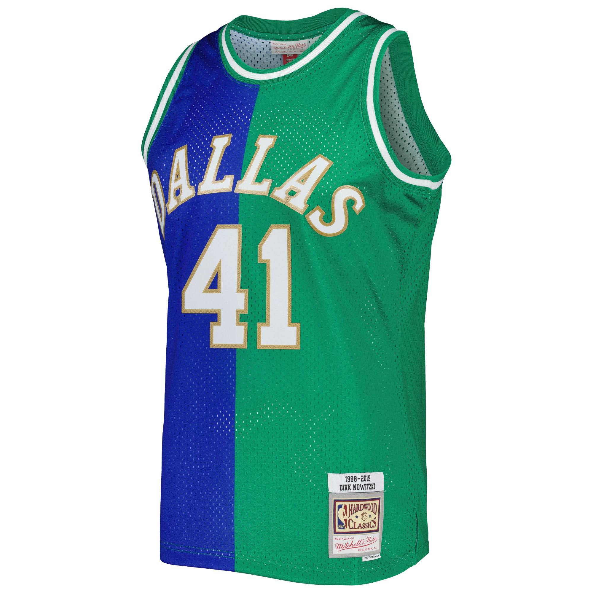 Alternative view of Men's Mitchell & Ness Dirk Nowitzki Blue/Green Dallas Mavericks Hardwood Classics 1998/2019 Split Swingman Basketball Jersey - JS509 