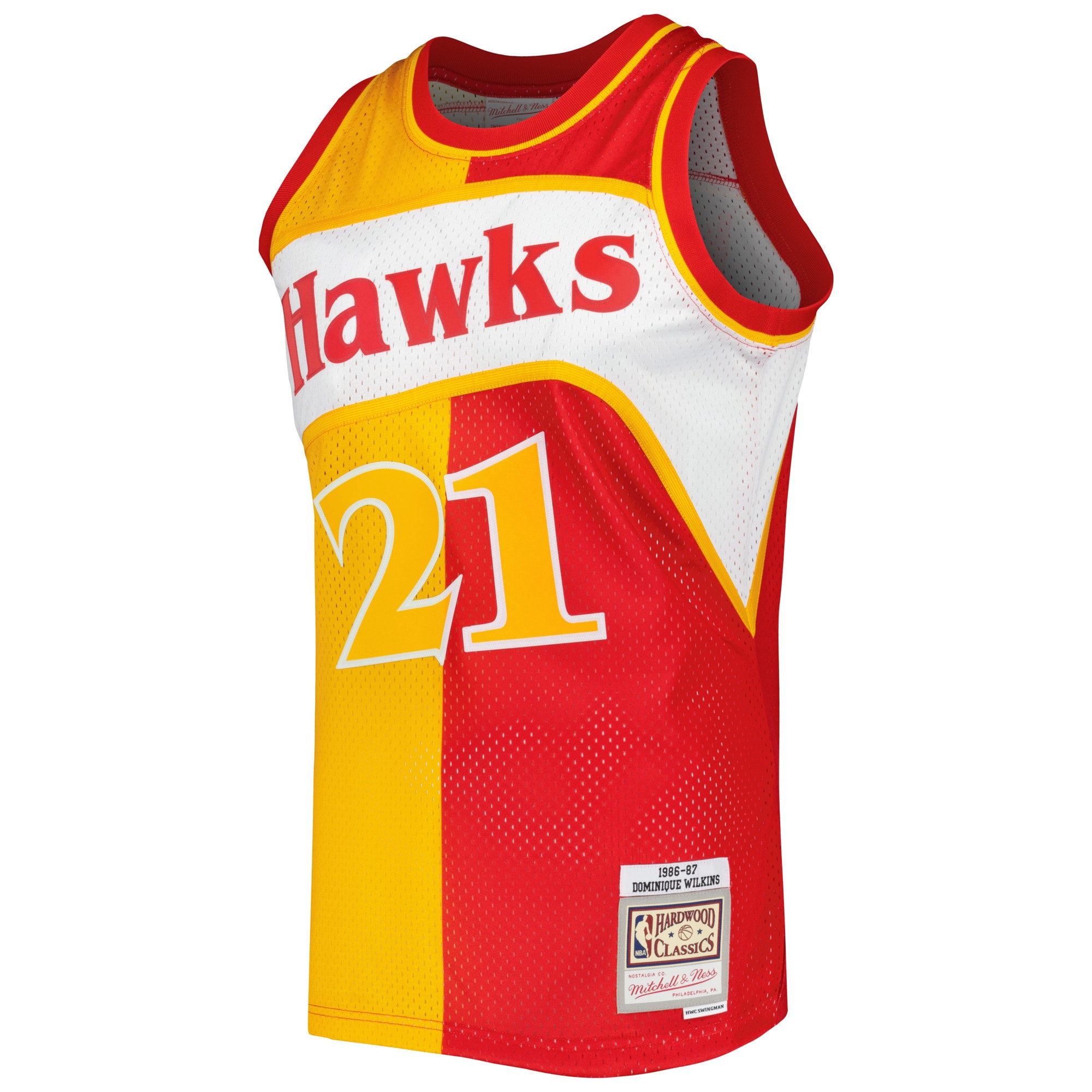Alternative view of Men's Mitchell & Ness Dominique Wilkins Yellow/Red Atlanta Hawks Hardwood Classics 1986/87 Split Swingman Jersey - JS863 