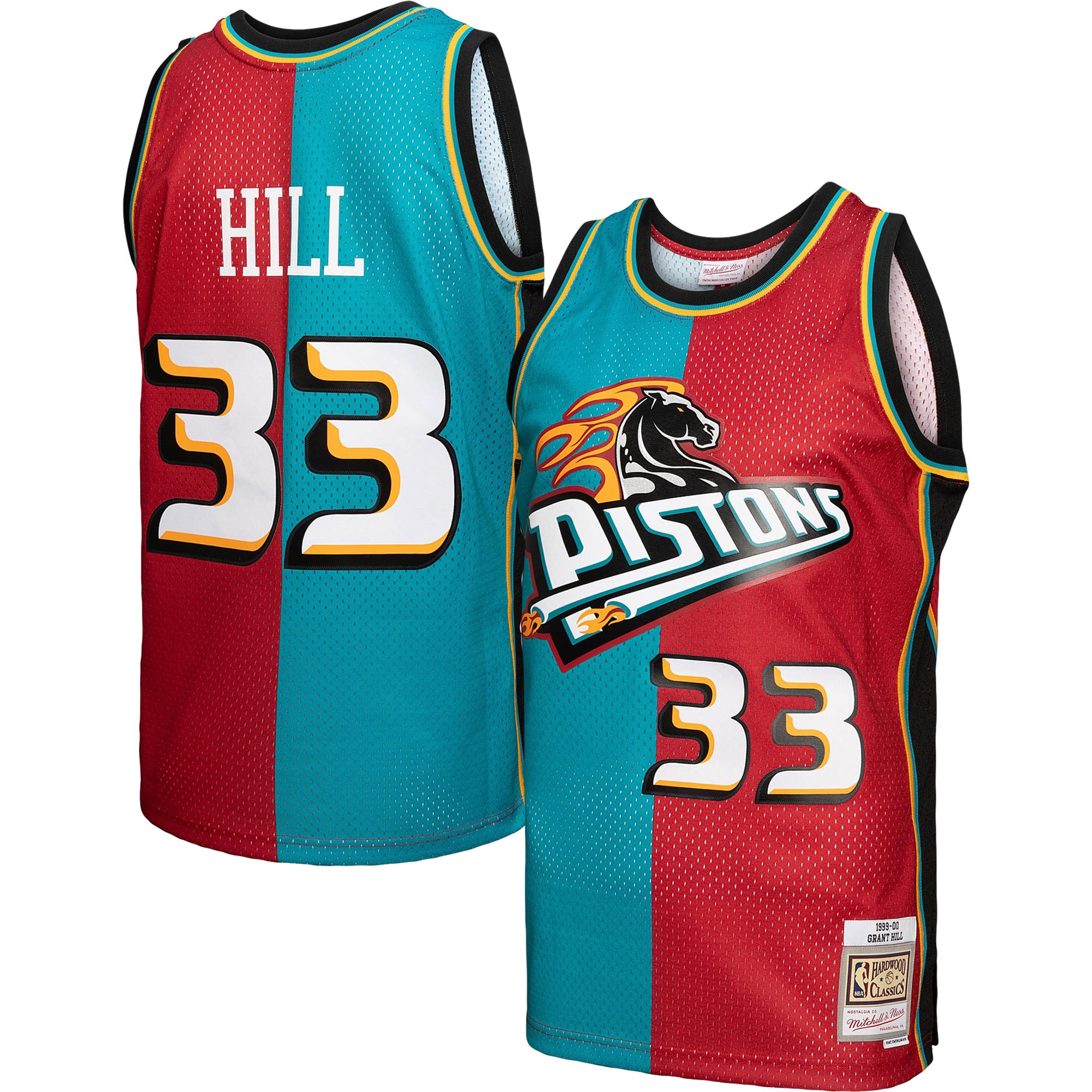 Men's Mitchell & Ness Grant Hill Teal/Red Detroit Pistons Hardwood Classics 1999/00 Split Swingman Basketball Jersey - JS719 