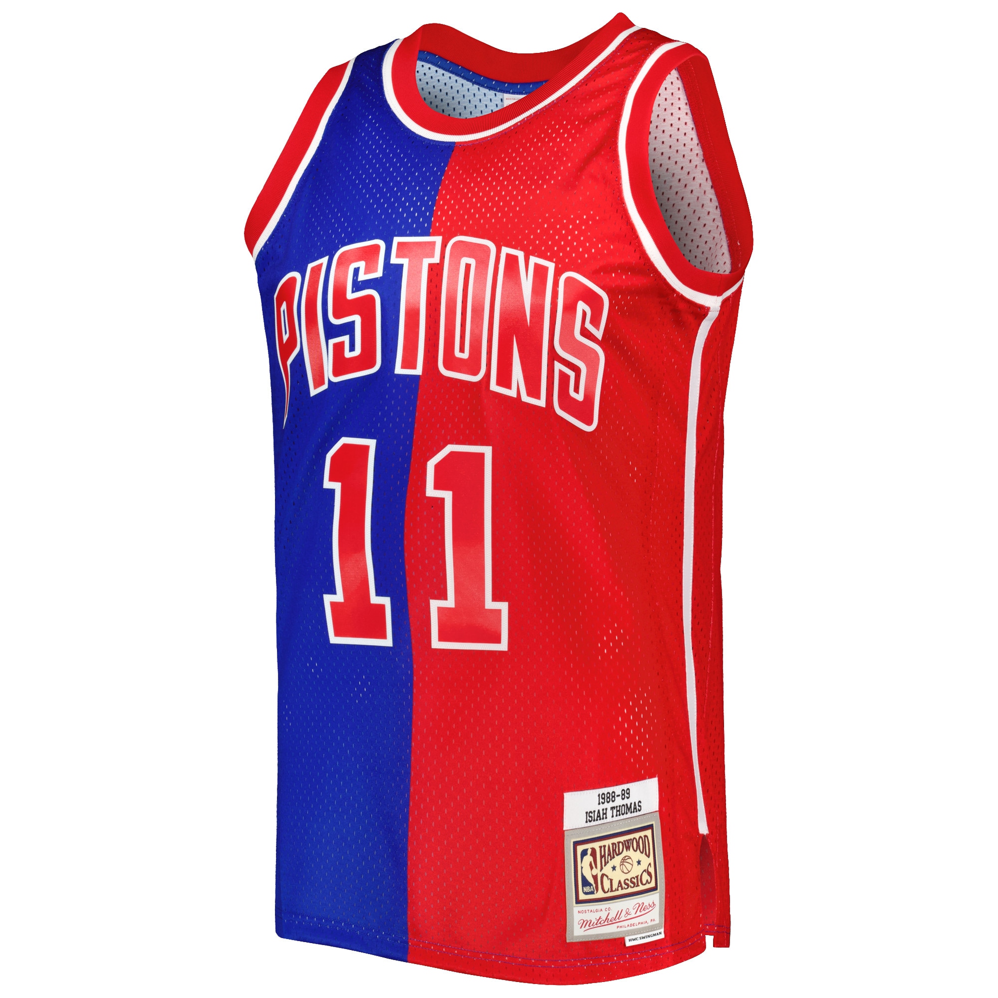 Alternative view of Men's Mitchell & Ness Isiah Thomas Blue/Red Detroit Pistons Hardwood Classics 1988/89 Split Swingman Basketball Jersey - JS989 