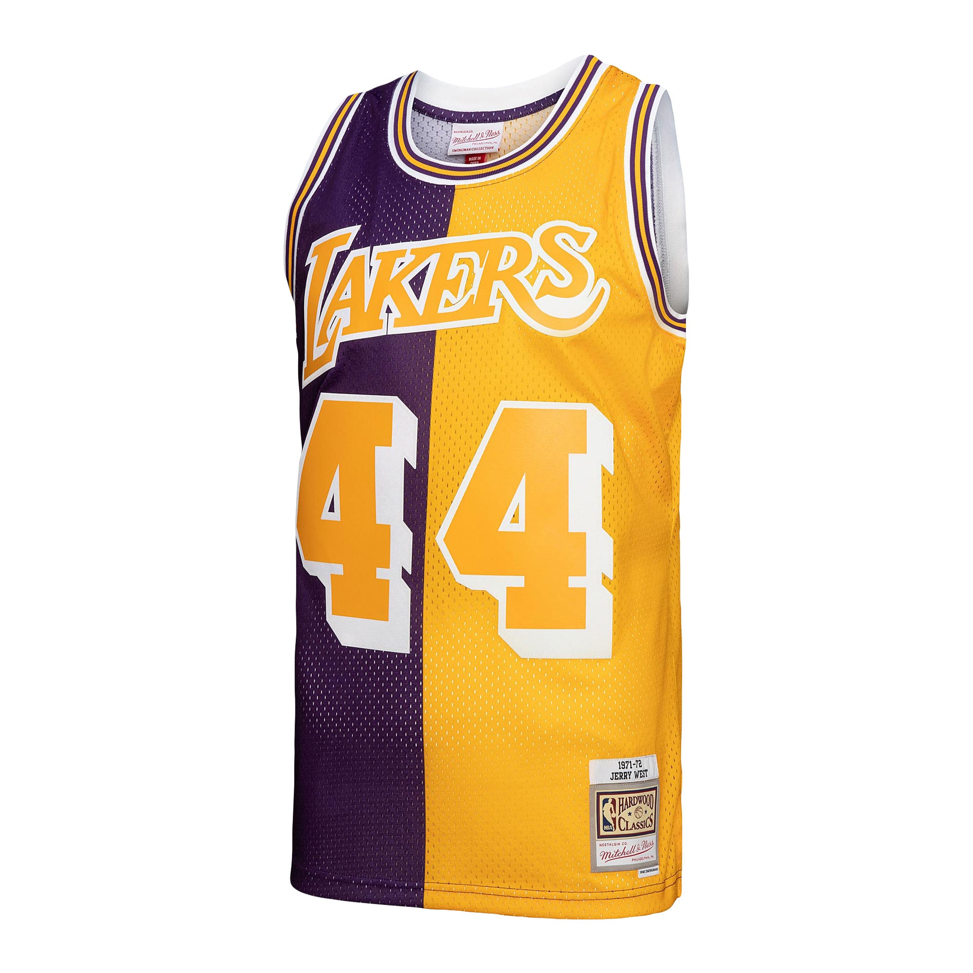 Alternative view of Men's Mitchell & Ness Jerry West Purple/Gold Los Angeles Lakers Hardwood Classics 1971/72 Split Swingman Basketball Jersey - JS404 