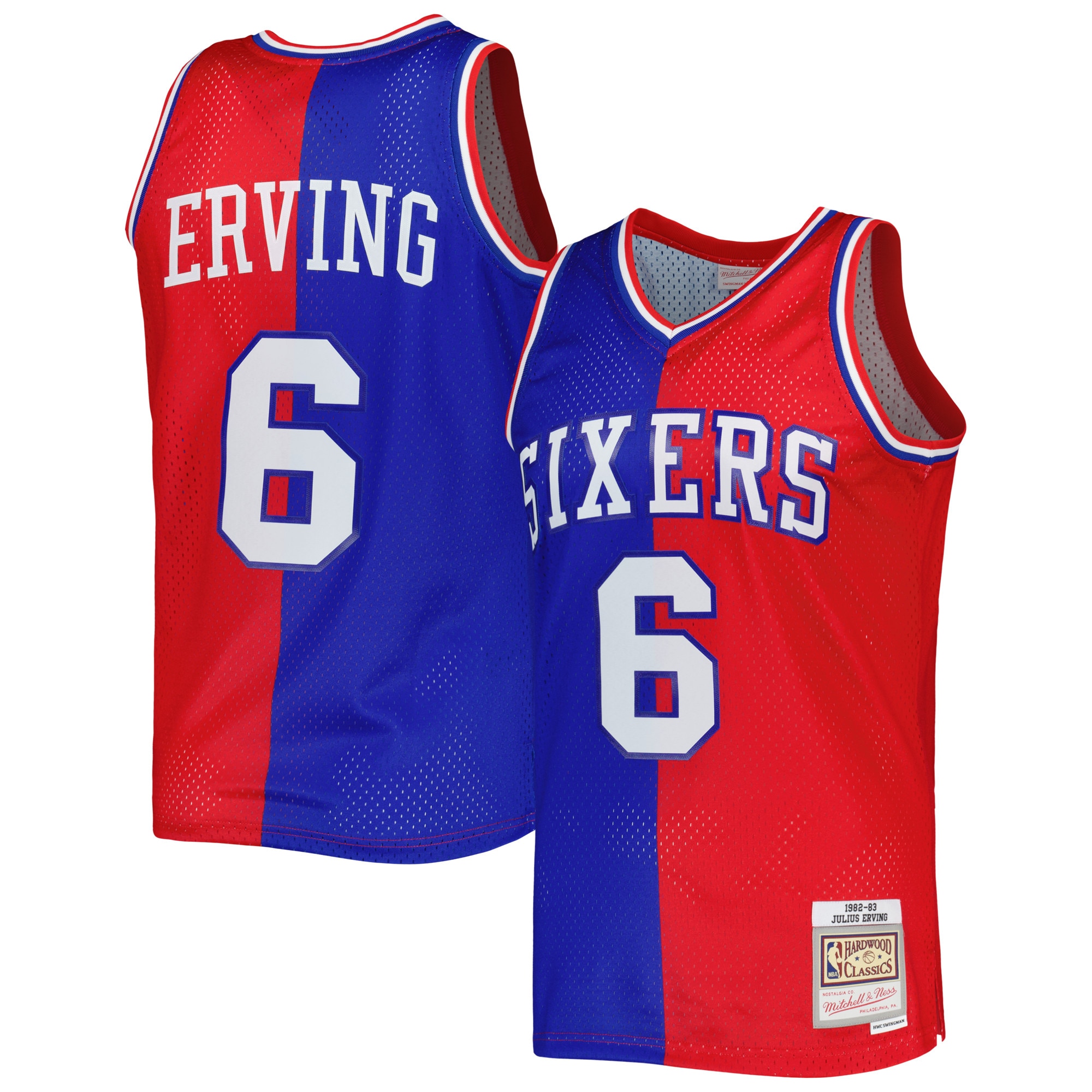 Men's Mitchell & Ness Julius Erving Royal/Red Philadelphia 76ers Hardwood Classics 1982/83 Split Swingman Basketball Jersey - JS530 