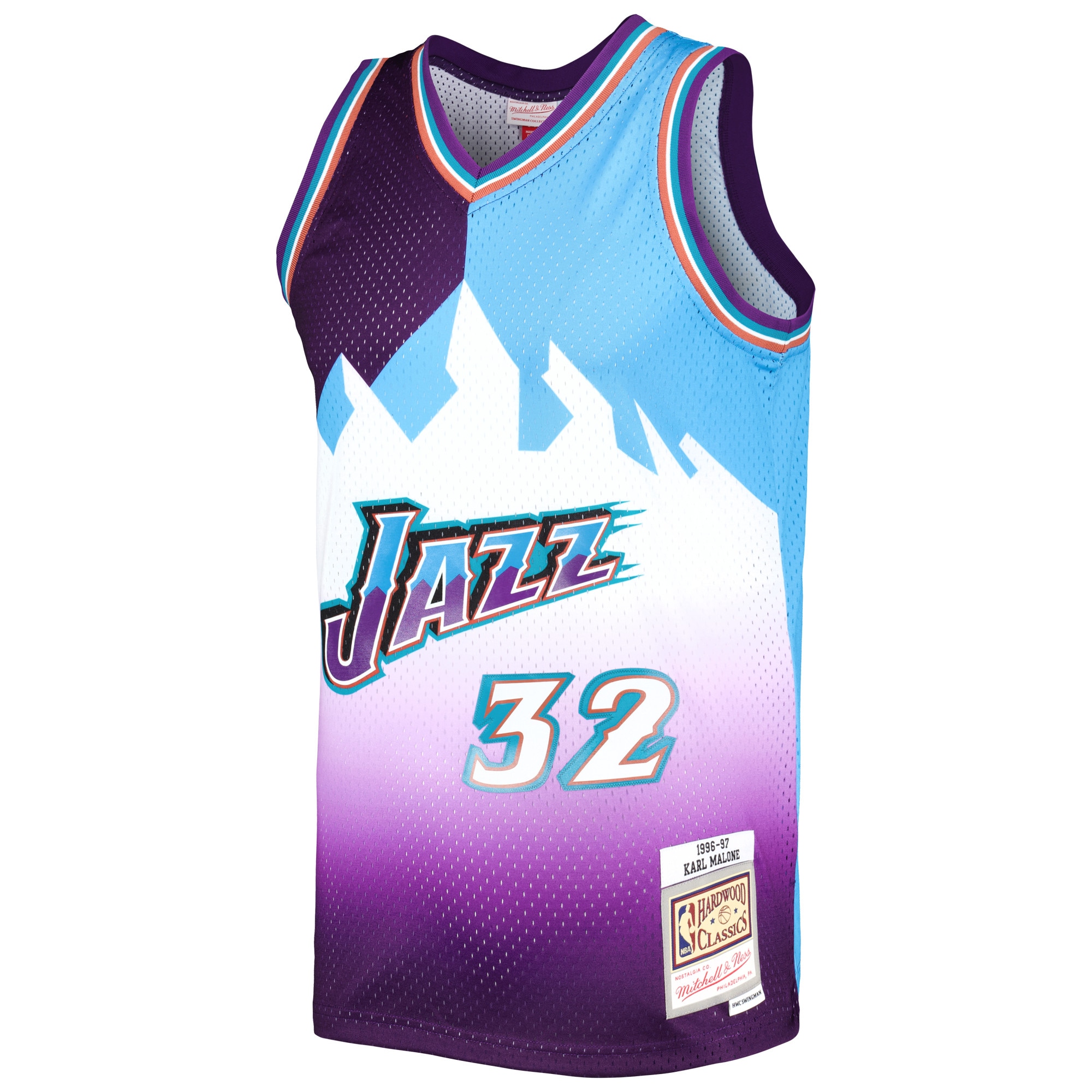 Alternative view of Men's Mitchell & Ness Karl Malone Purple/Turquoise Utah Jazz Hardwood Classics 1996/97 Split Swingman Basketball Jersey - JS511 